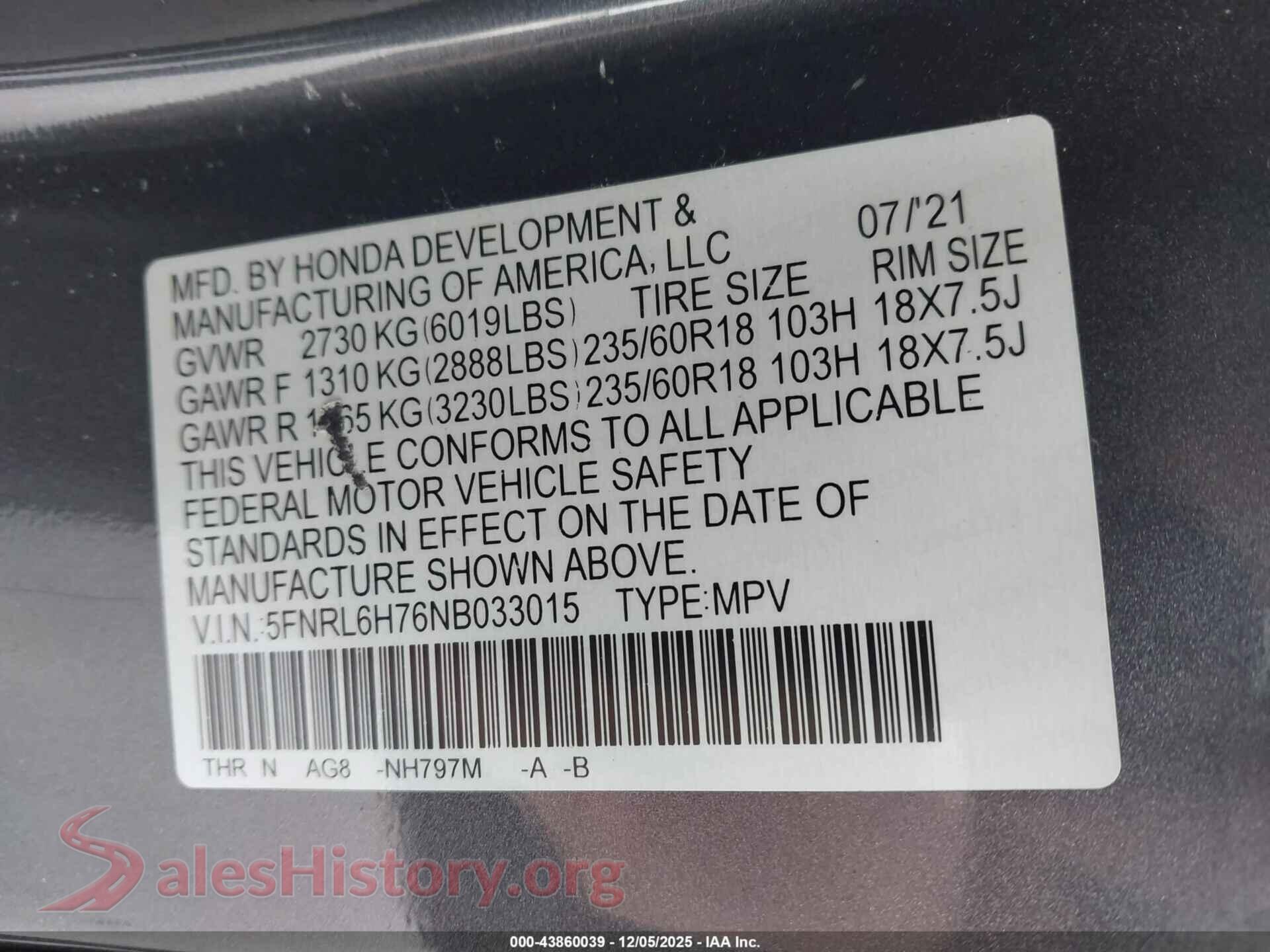 2022 HONDA ODYSSEY VIN 5FNRL6H76NB033015, engine bay