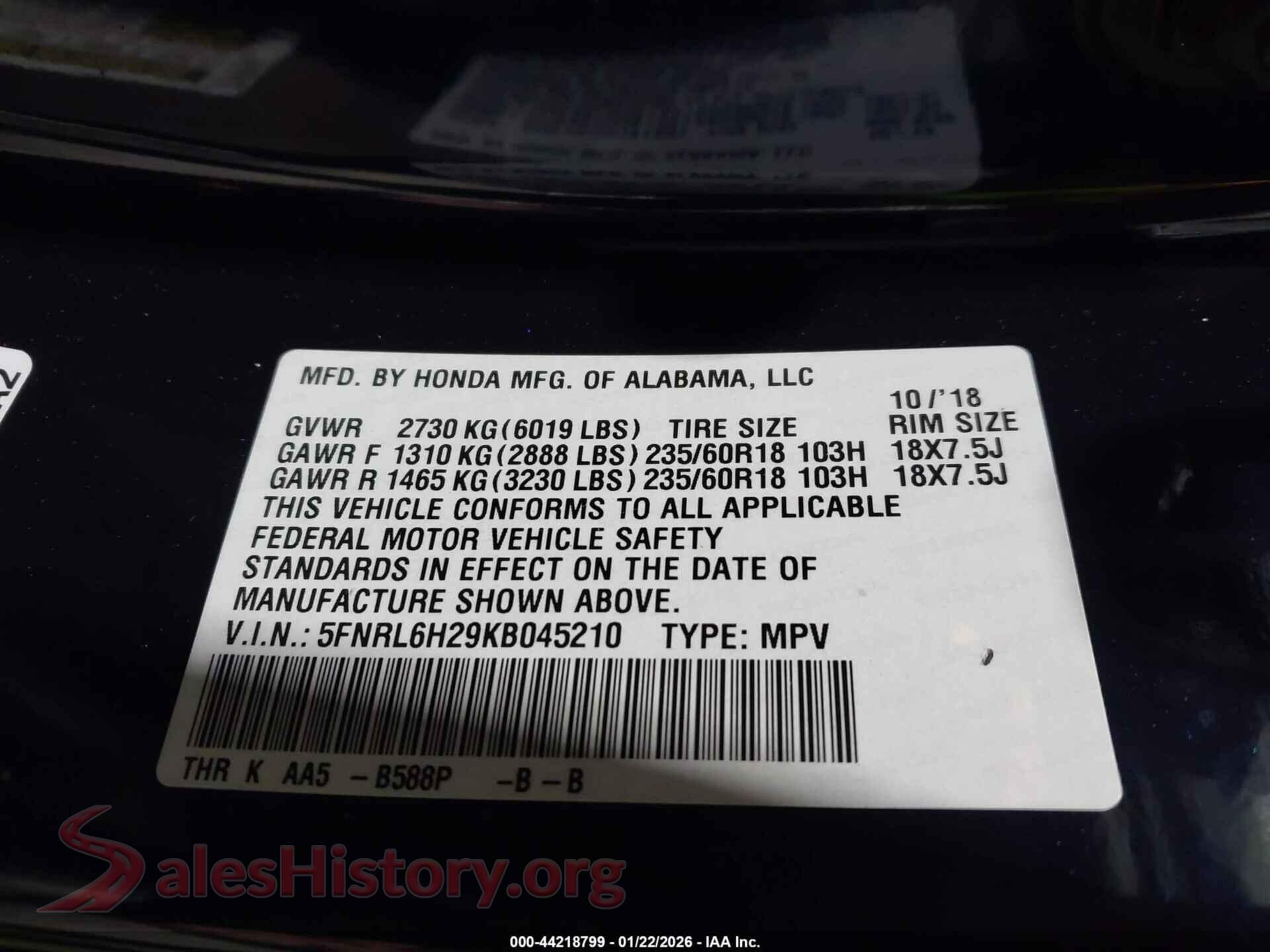2019 HONDA ODYSSEY VIN 5FNRL6H29KB045210, engine bay