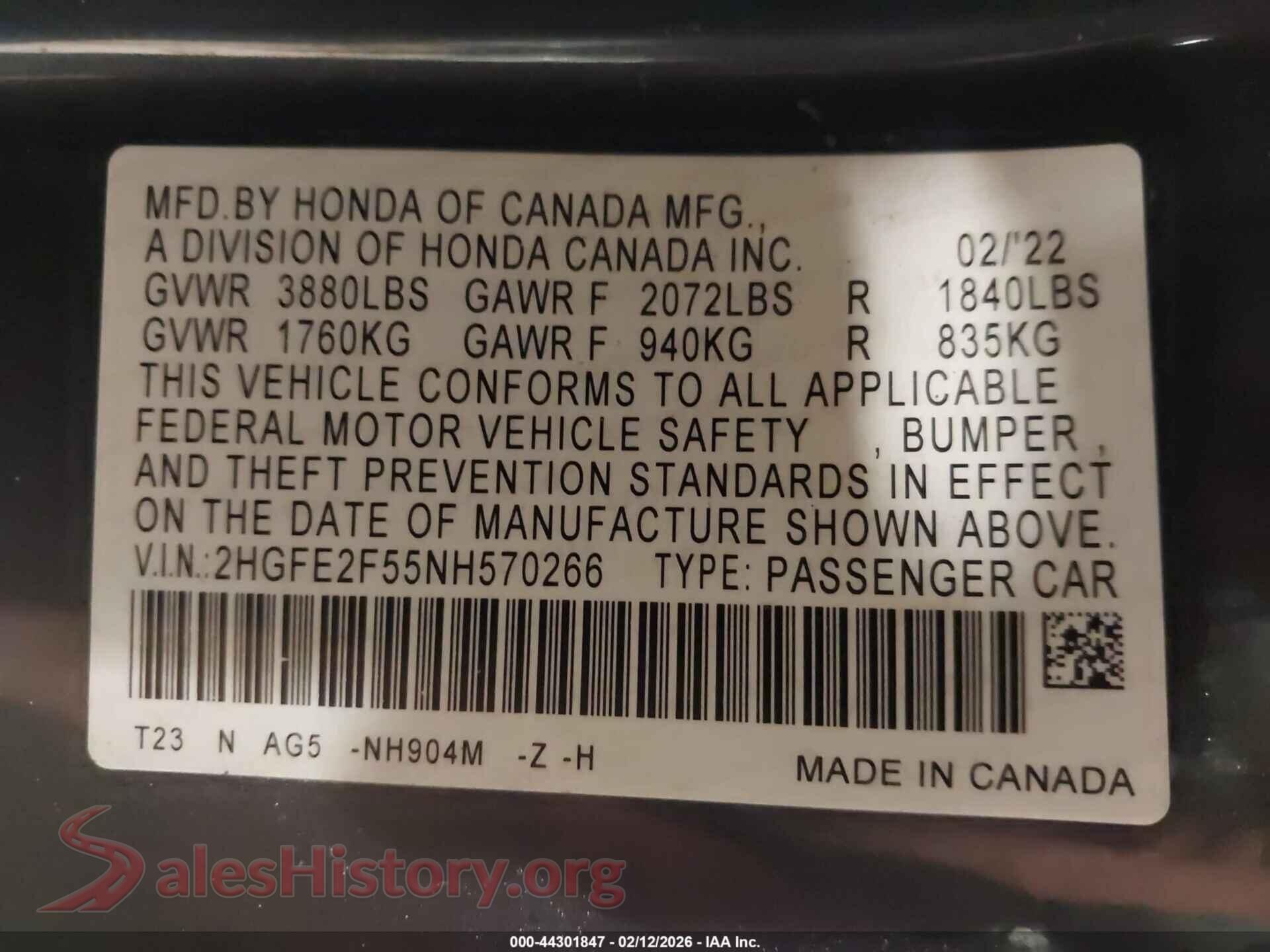 2022 HONDA CIVIC VIN 2HGFE2F55NH570266, engine bay