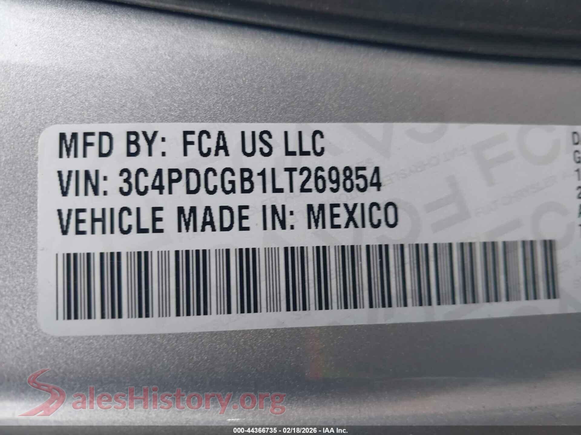 2020 DODGE JOURNEY VIN 3C4PDCGB1LT269854, engine bay