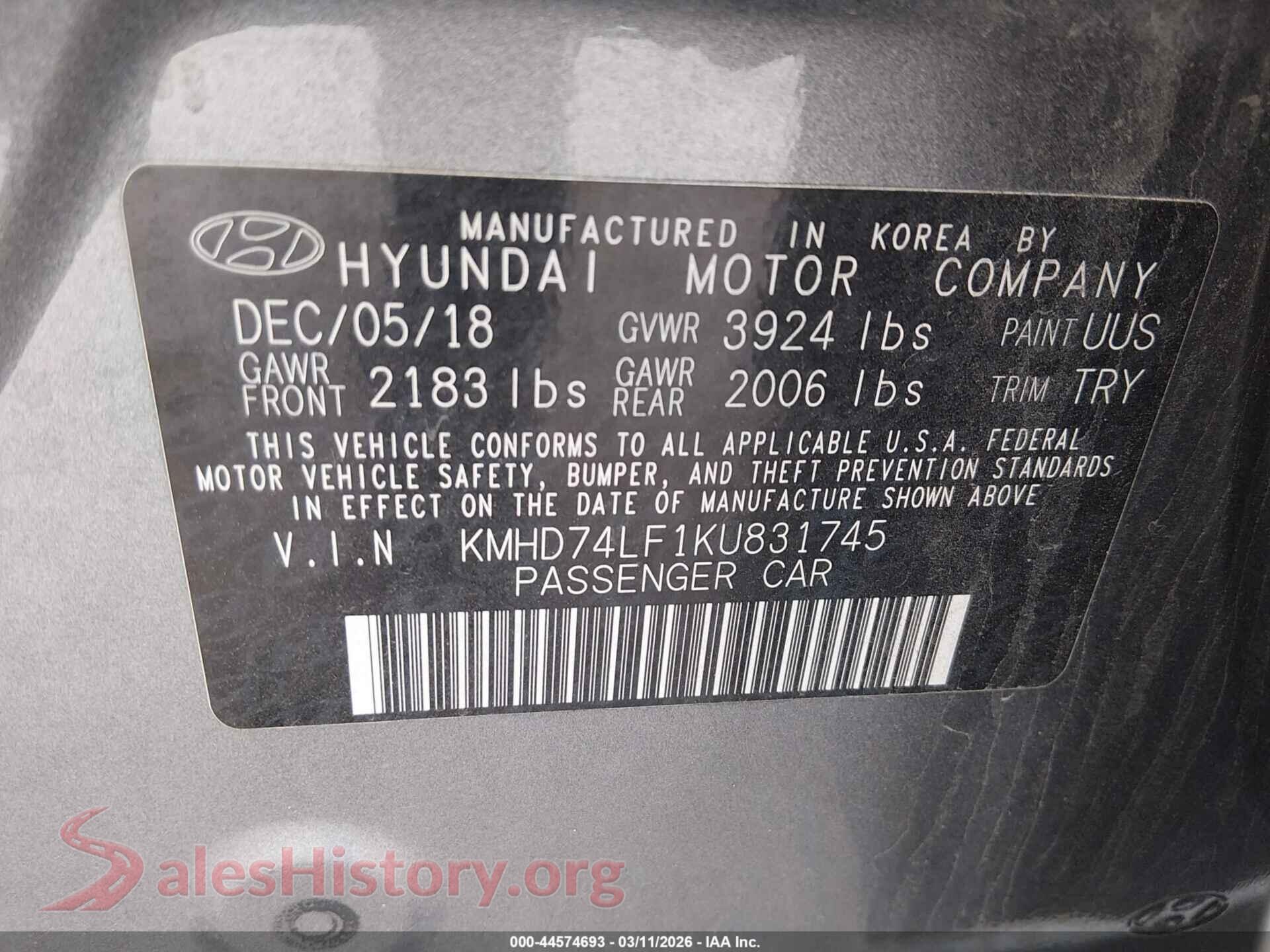 2019 HYUNDAI ELANTRA VIN KMHD74LF1KU831745, engine bay