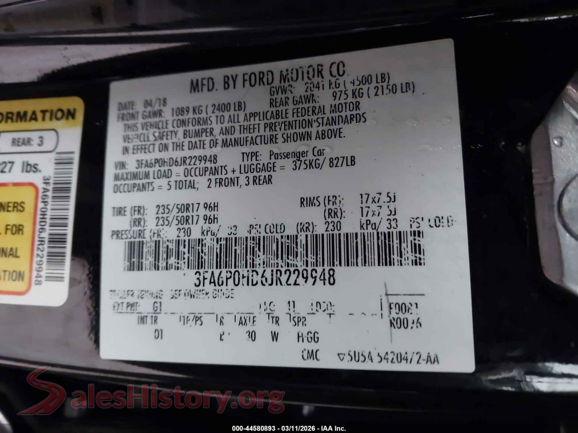 2018 FORD FUSION VIN 3FA6P0HD6JR229948, engine bay