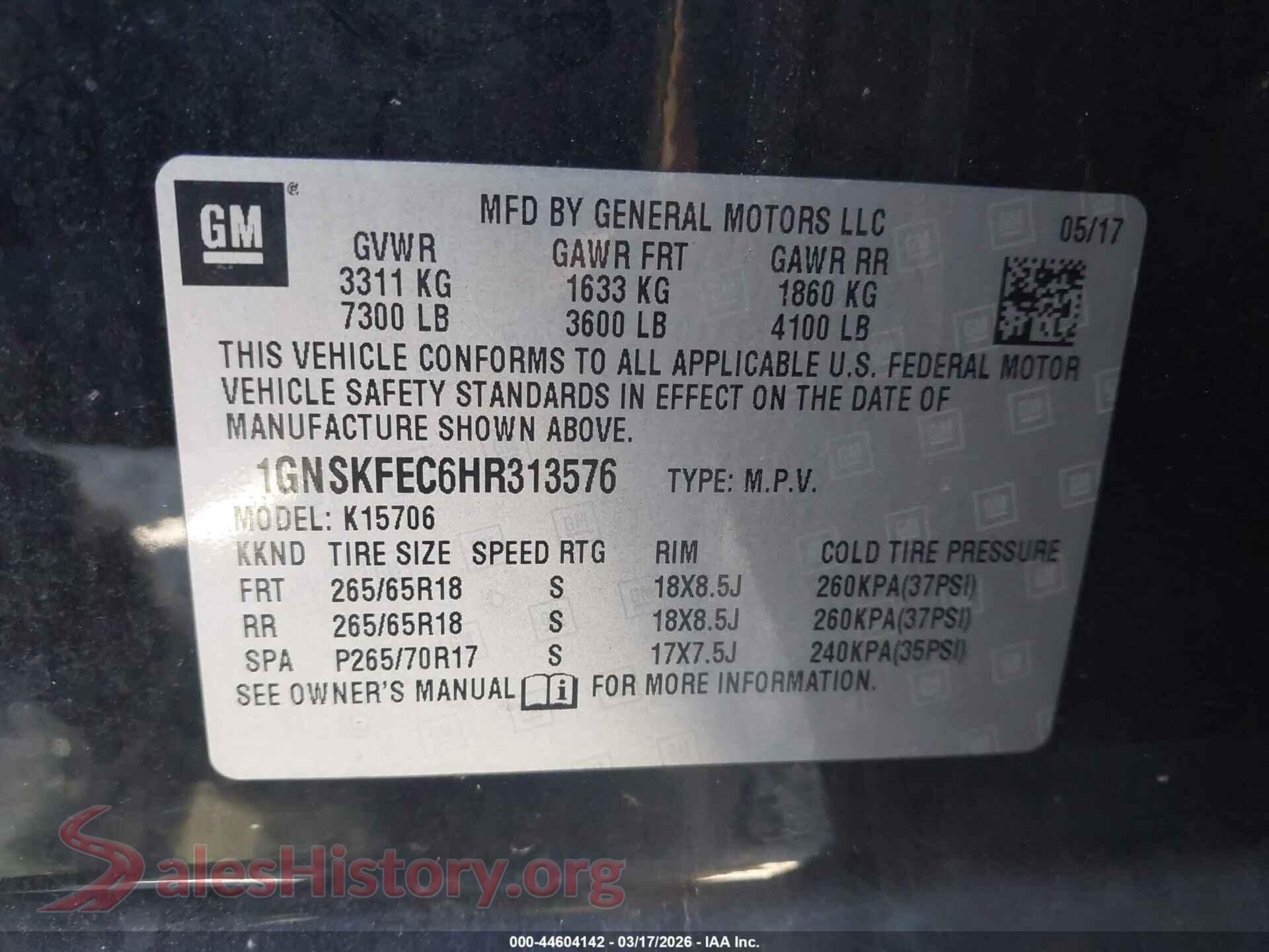 2017 CHEVROLET TAHOE VIN 1GNSKFEC6HR313576, engine bay