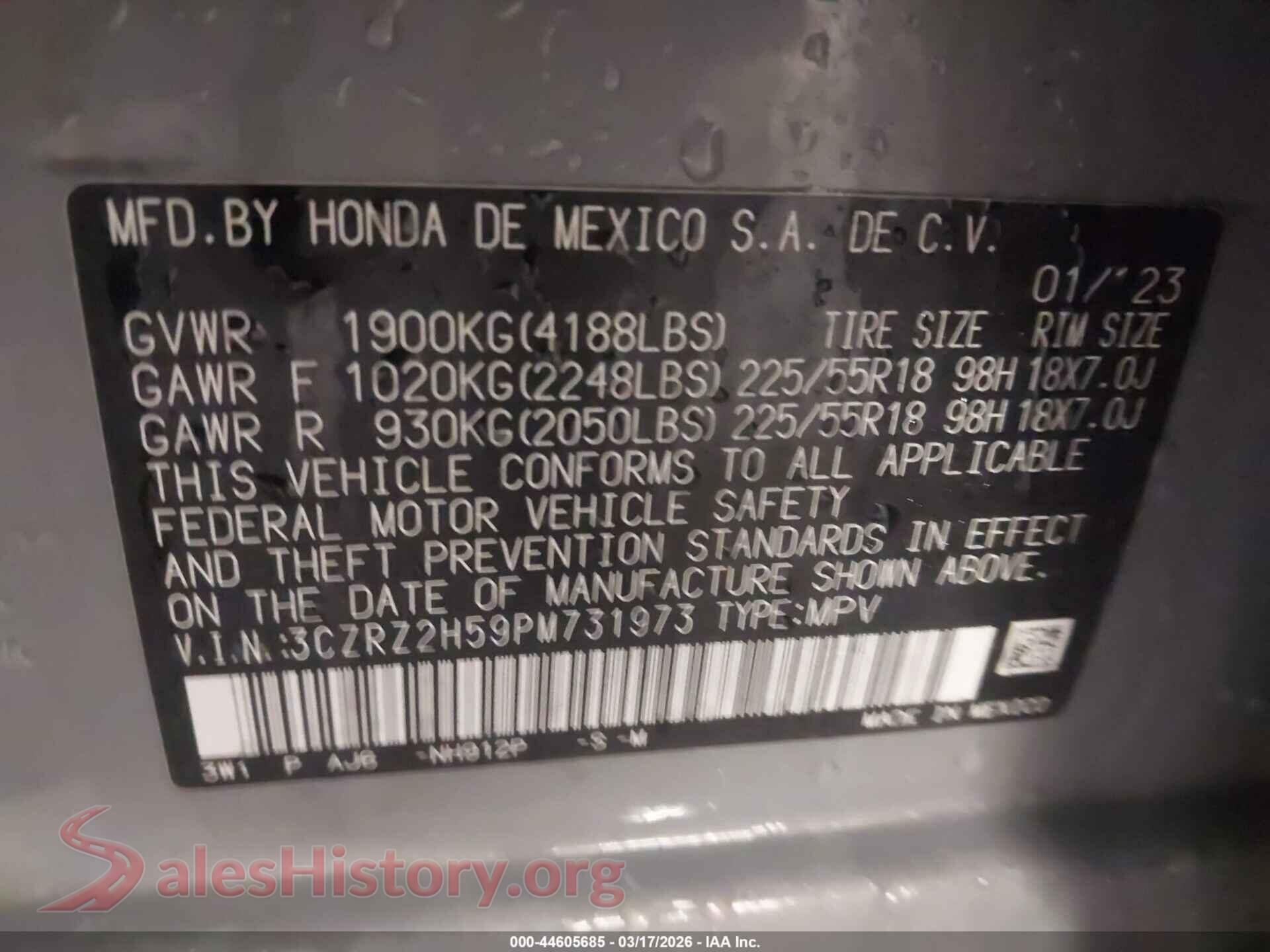 2023 HONDA HR-V VIN 3CZRZ2H59PM731973, engine bay