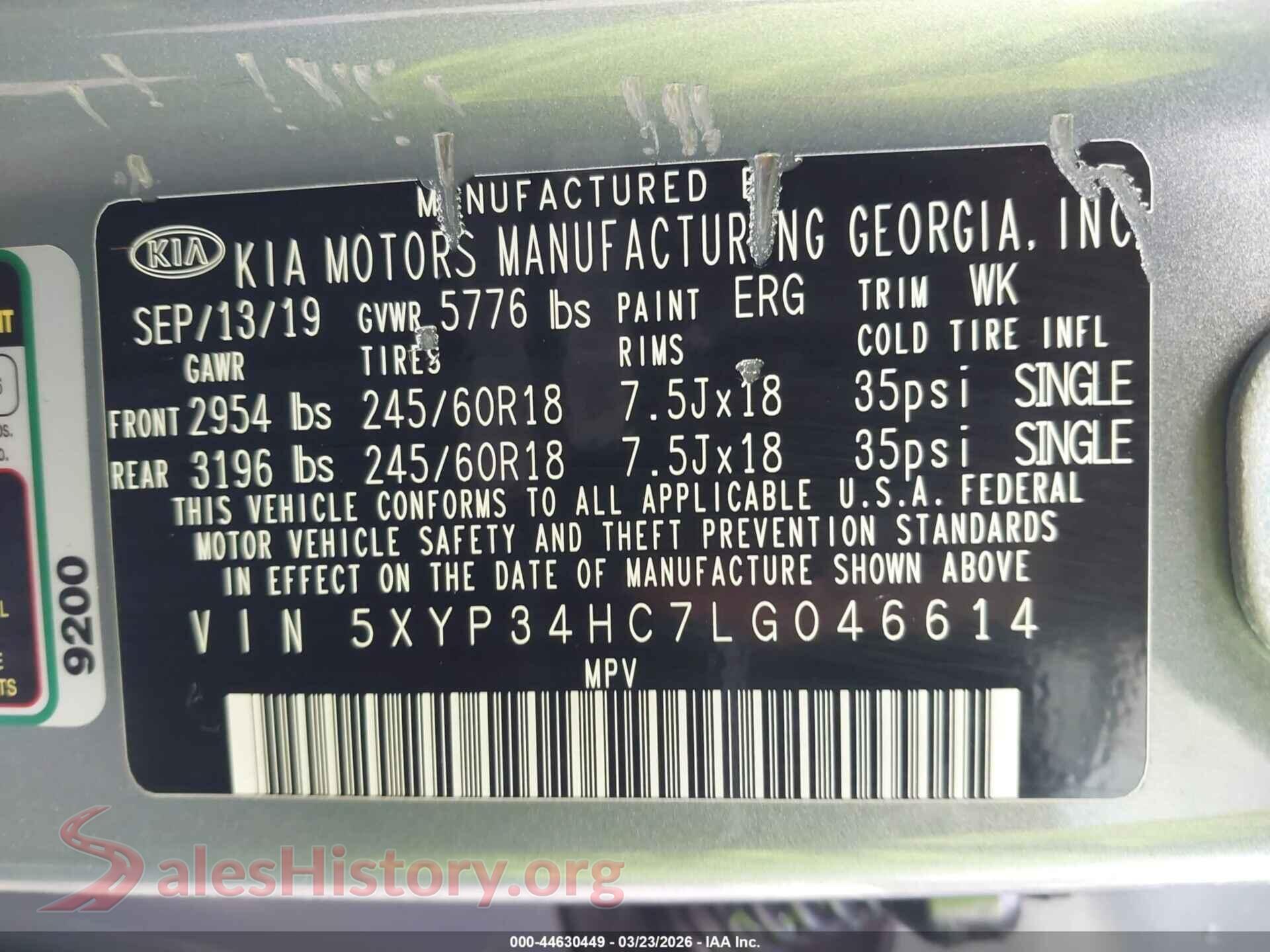 2020 KIA TELLURIDE VIN 5XYP34HC7LG046614, engine bay