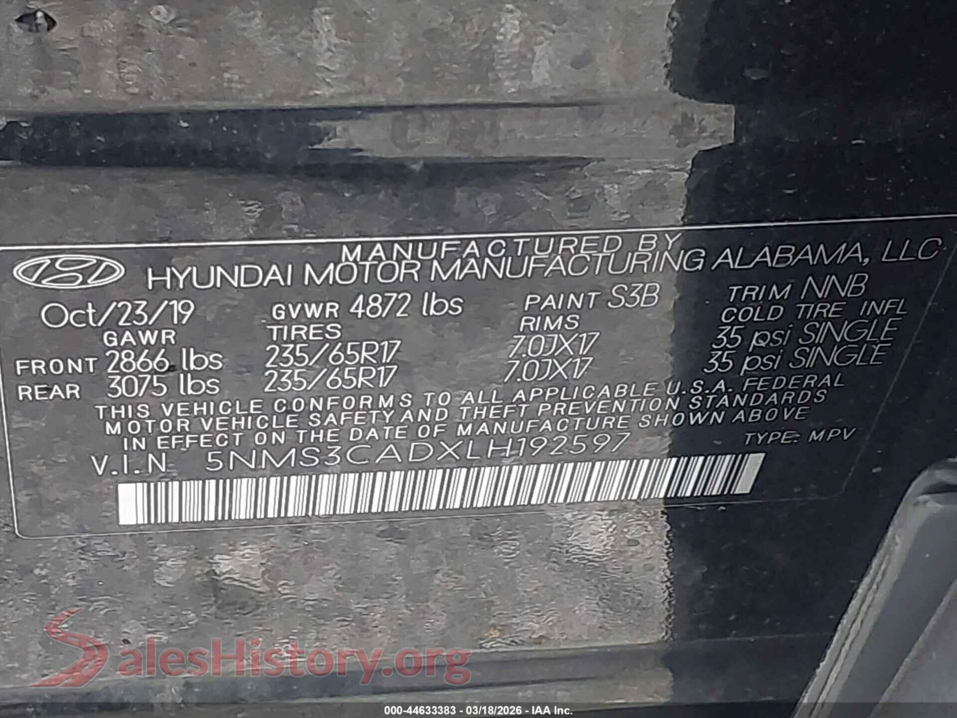 2020 HYUNDAI SANTA FE VIN 5NMS3CADXLH192597, engine bay