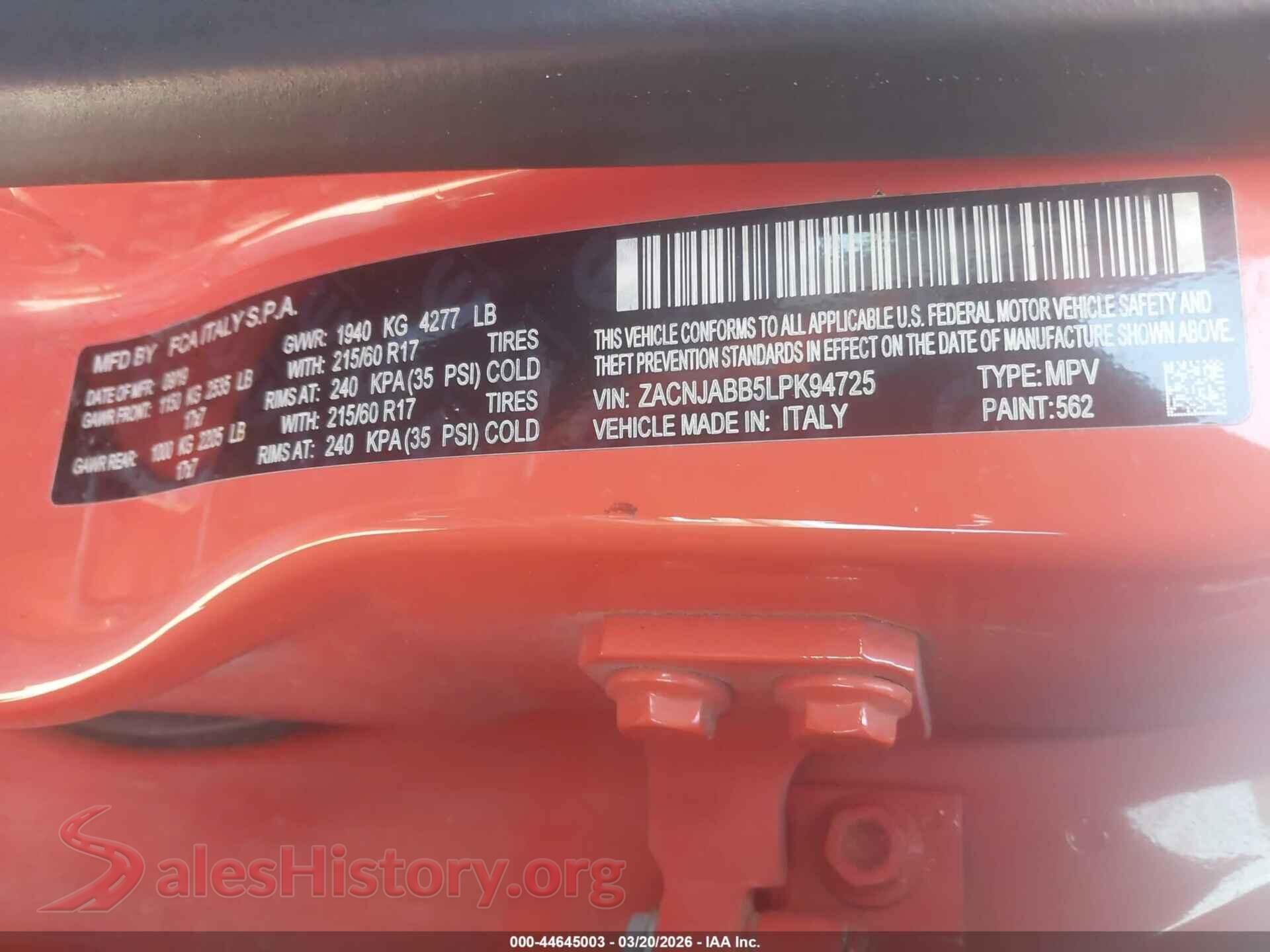 2020 JEEP RENEGADE VIN ZACNJABB5LPK94725, engine bay
