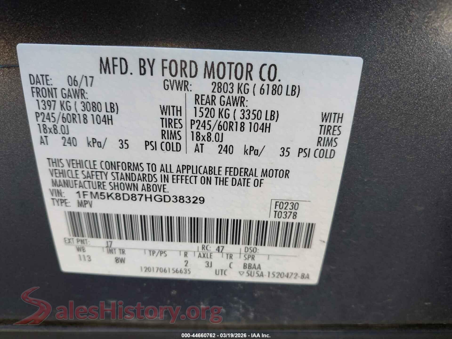 2017 FORD EXPLORER VIN 1FM5K8D87HGD38329, front passenger side
