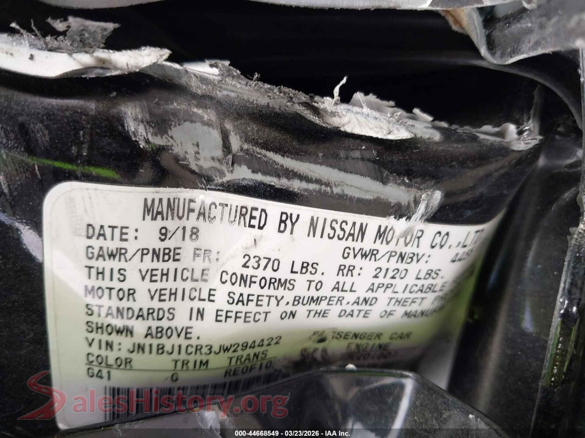 2018 NISSAN ROGUE SPORT VIN JN1BJ1CR3JW294422, engine bay
