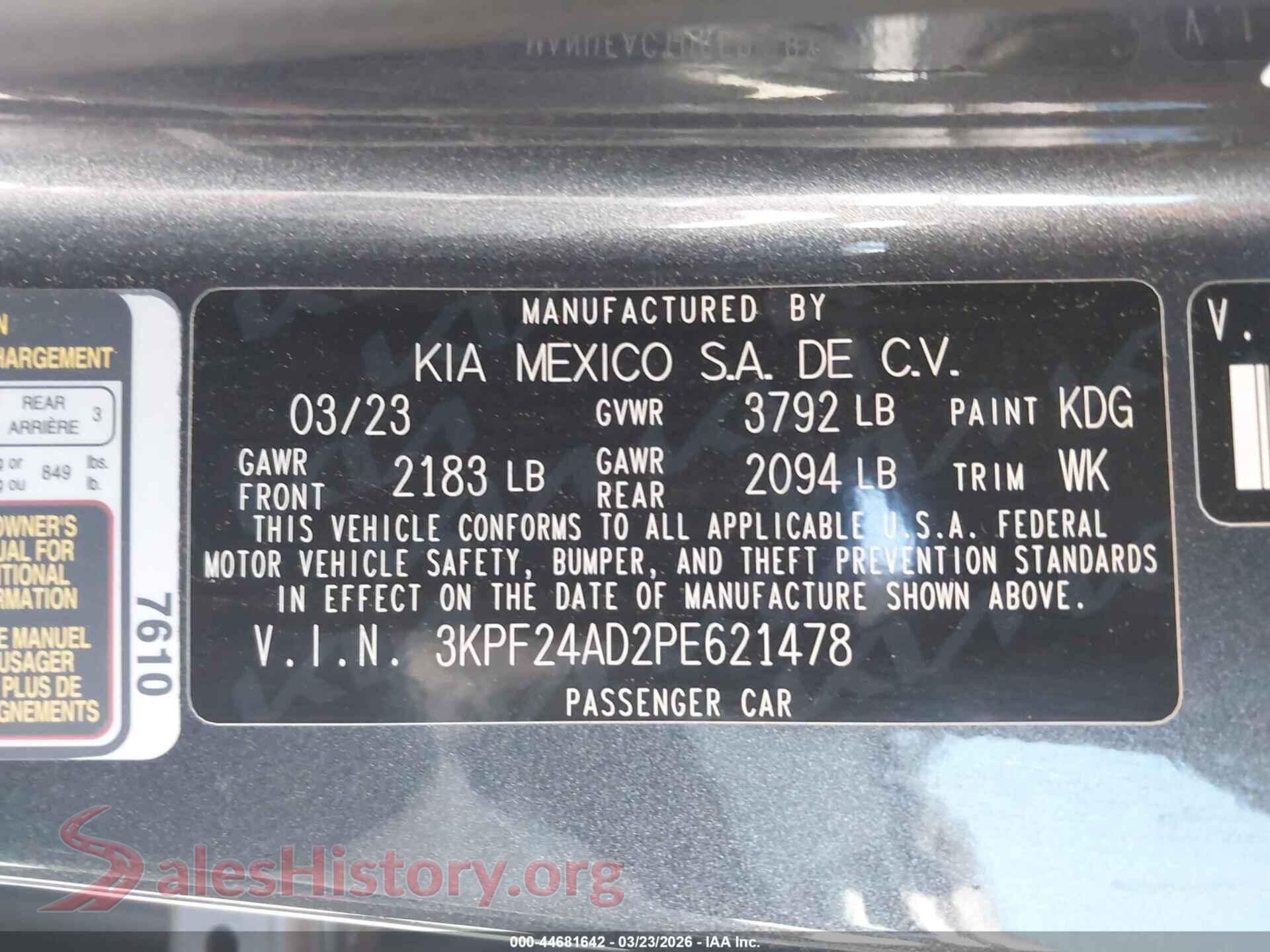 2023 KIA FORTE VIN 3KPF24AD2PE621478, engine bay