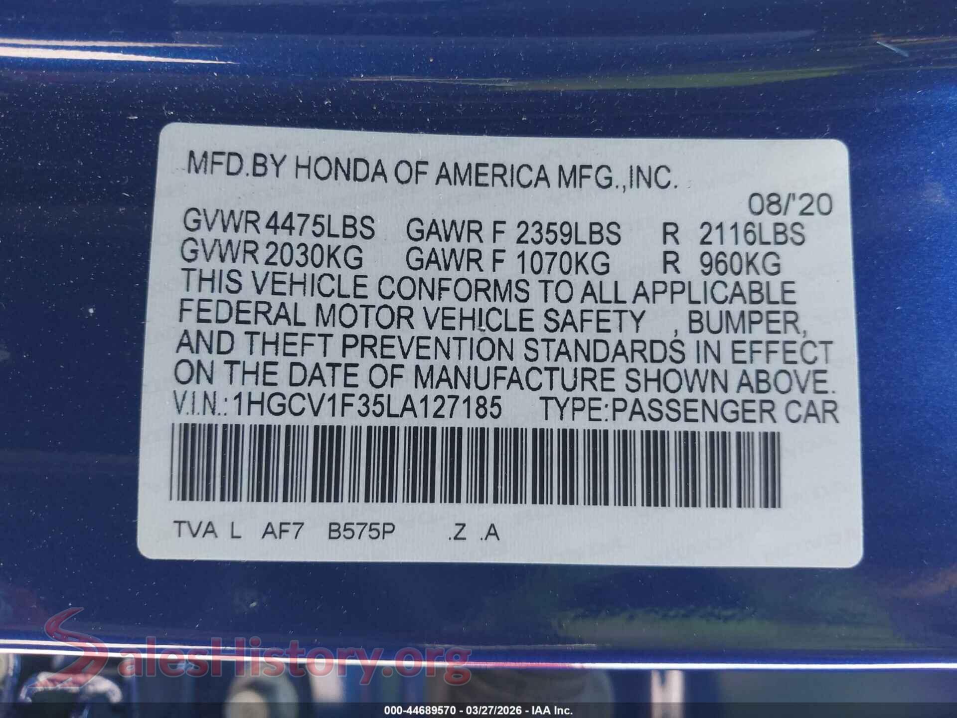 2020 HONDA ACCORD VIN 1HGCV1F35LA127185, engine bay