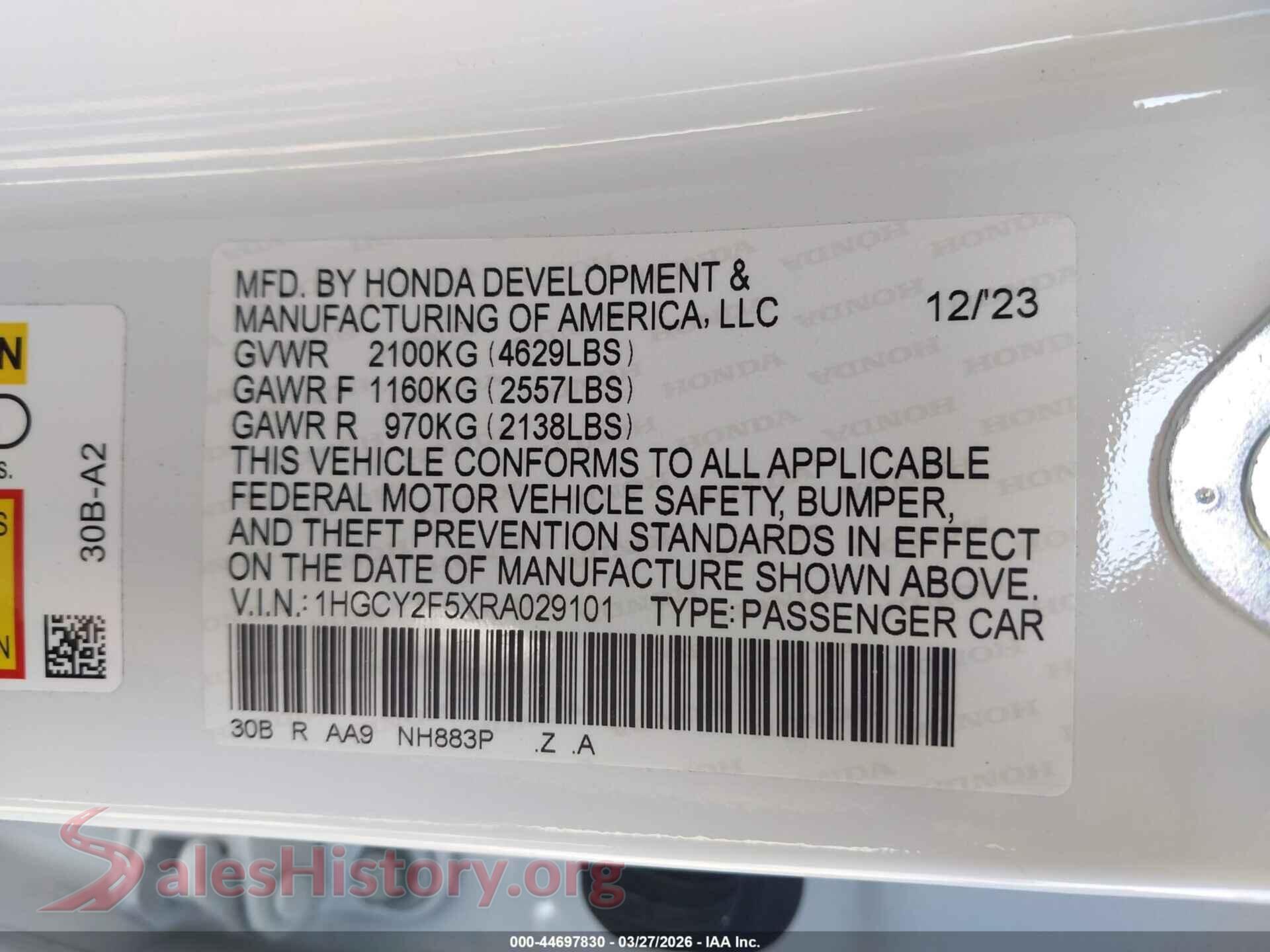 2024 HONDA ACCORD HYBRID VIN 1HGCY2F5XRA029101, engine bay