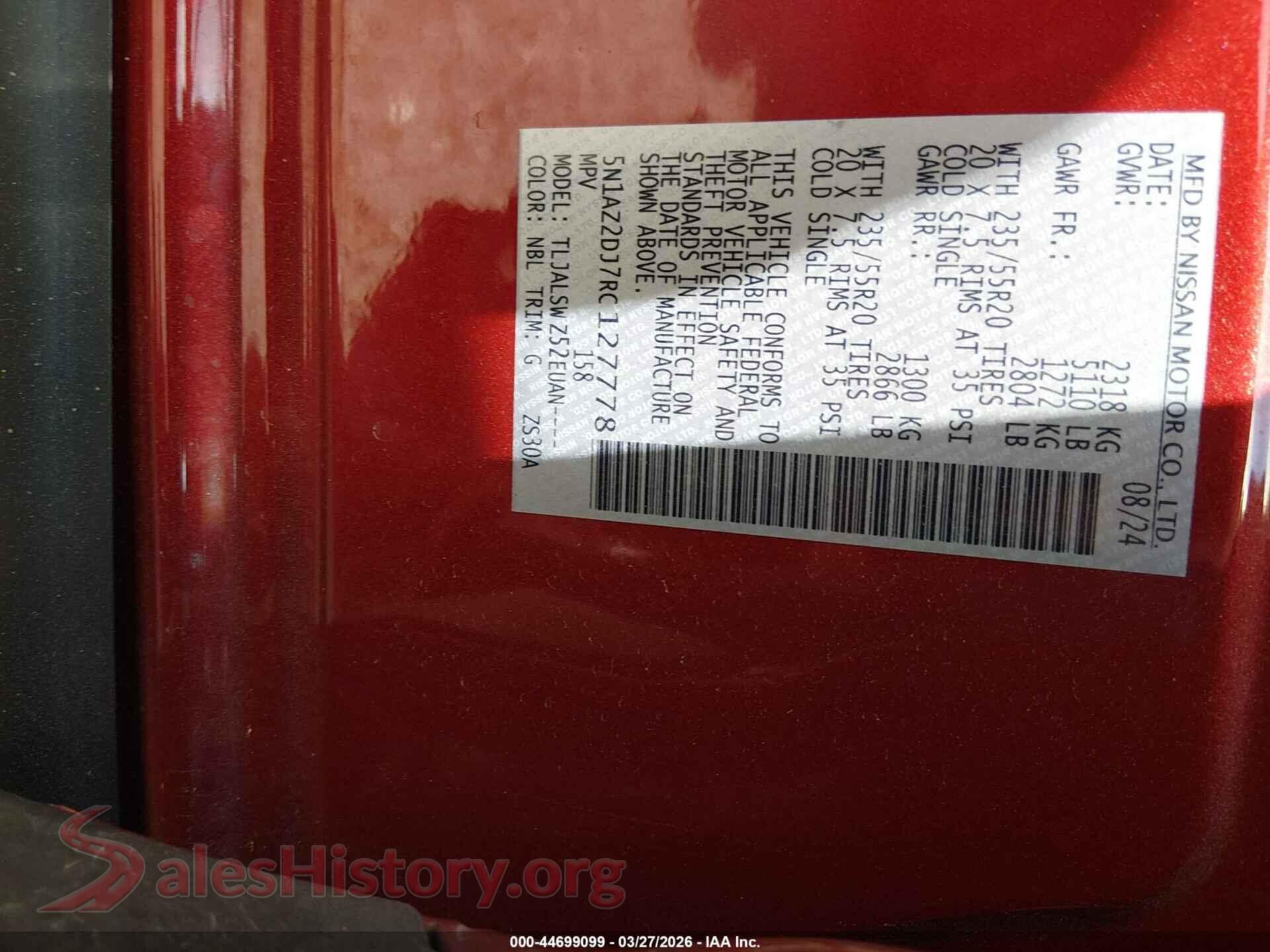 2024 NISSAN MURANO VIN 5N1AZ2DJ7RC127778, engine bay