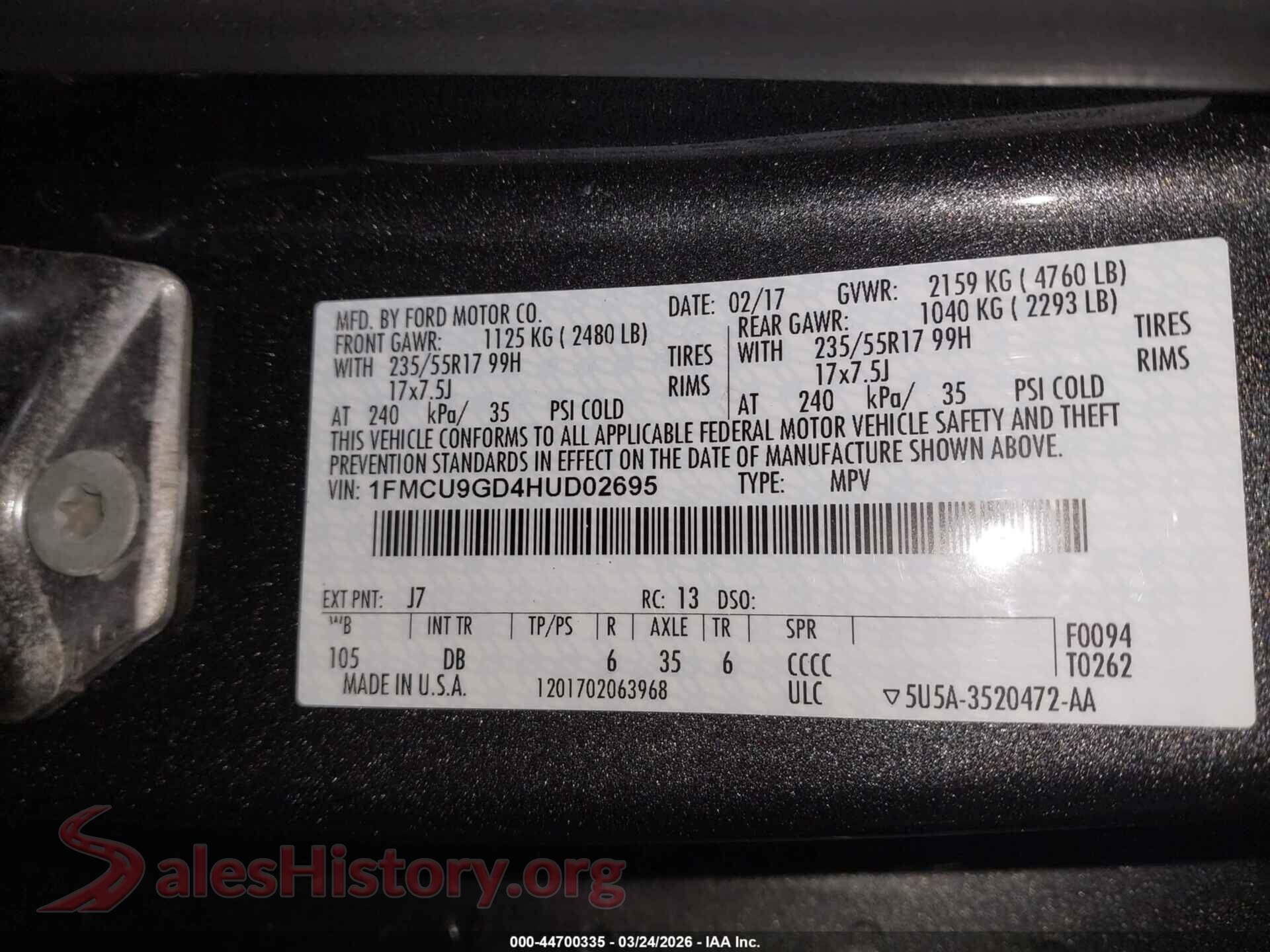 2017 FORD ESCAPE VIN 1FMCU9GD4HUD02695, engine bay