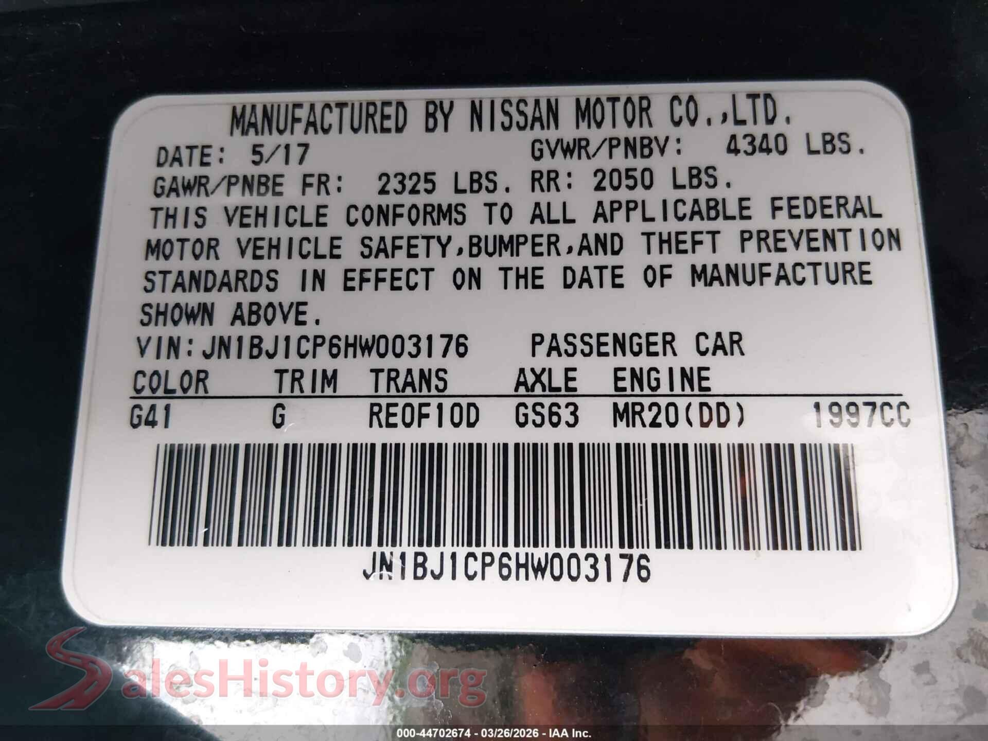 2017 NISSAN ROGUE SPORT VIN JN1BJ1CP6HW003176, engine bay