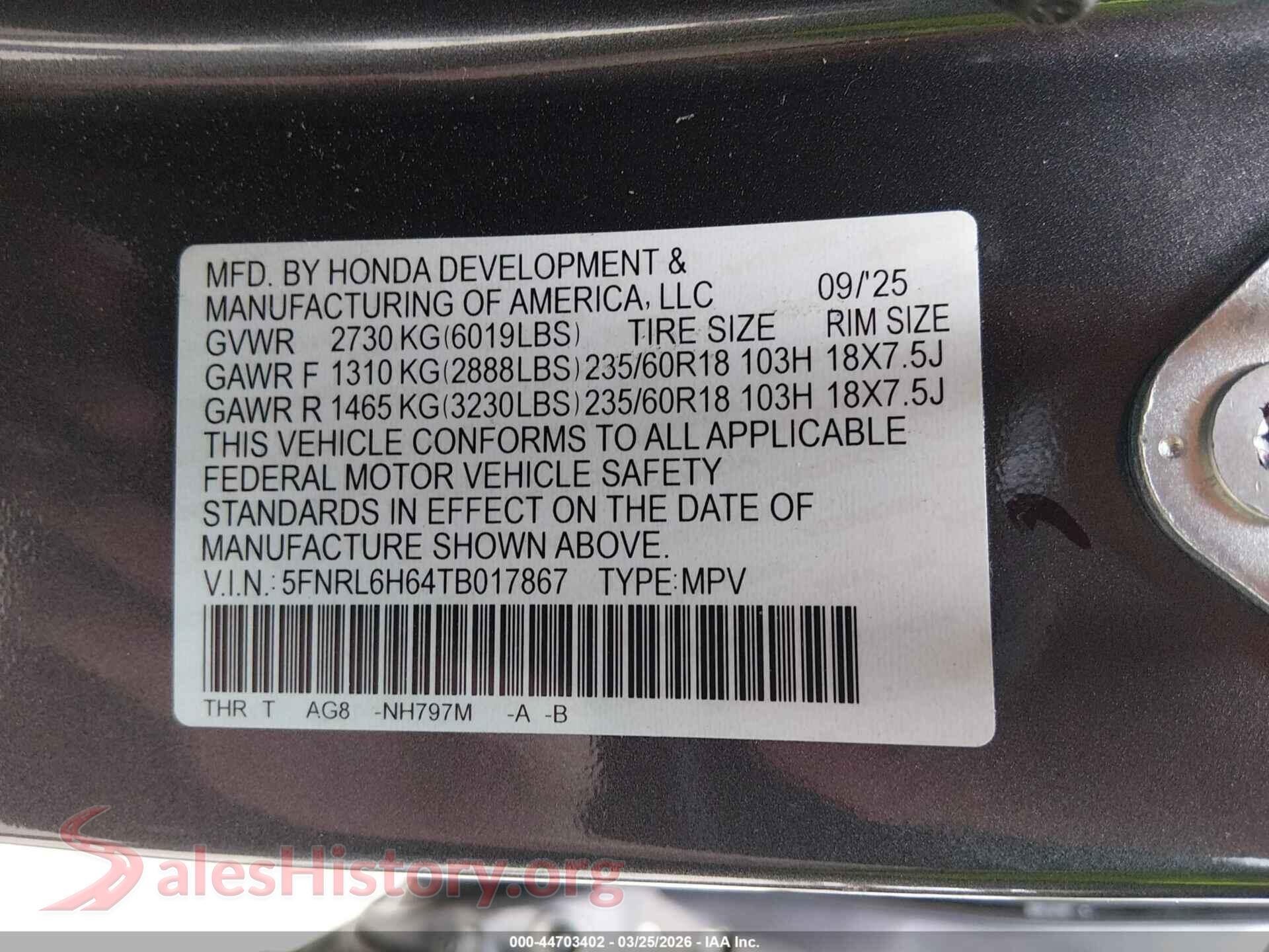 2026 HONDA ODYSSEY VIN 5FNRL6H64TB017867, engine bay