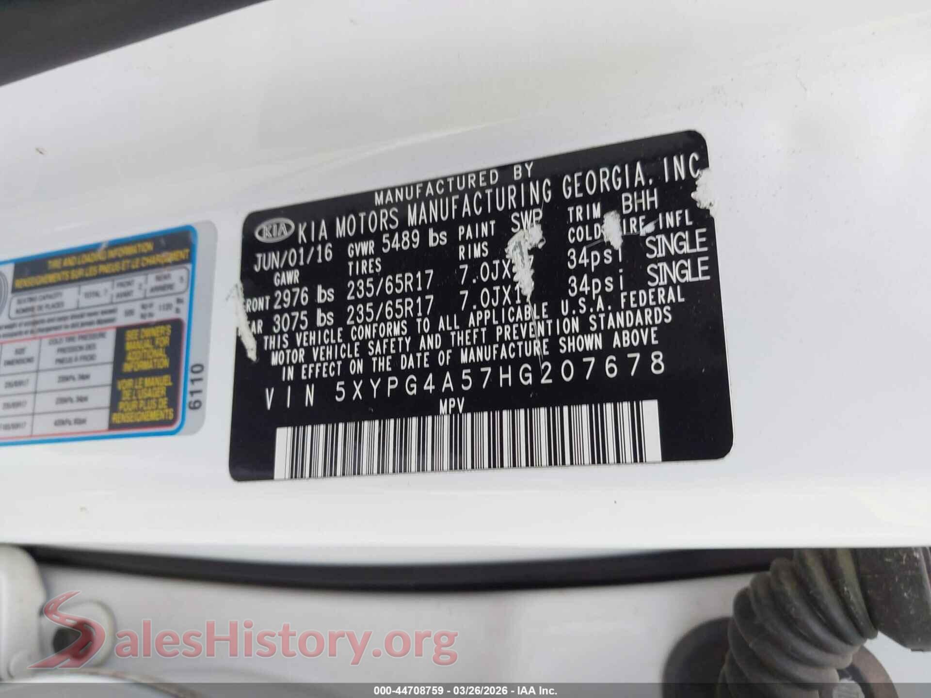 2017 KIA SORENTO VIN 5XYPG4A57HG207678, engine bay