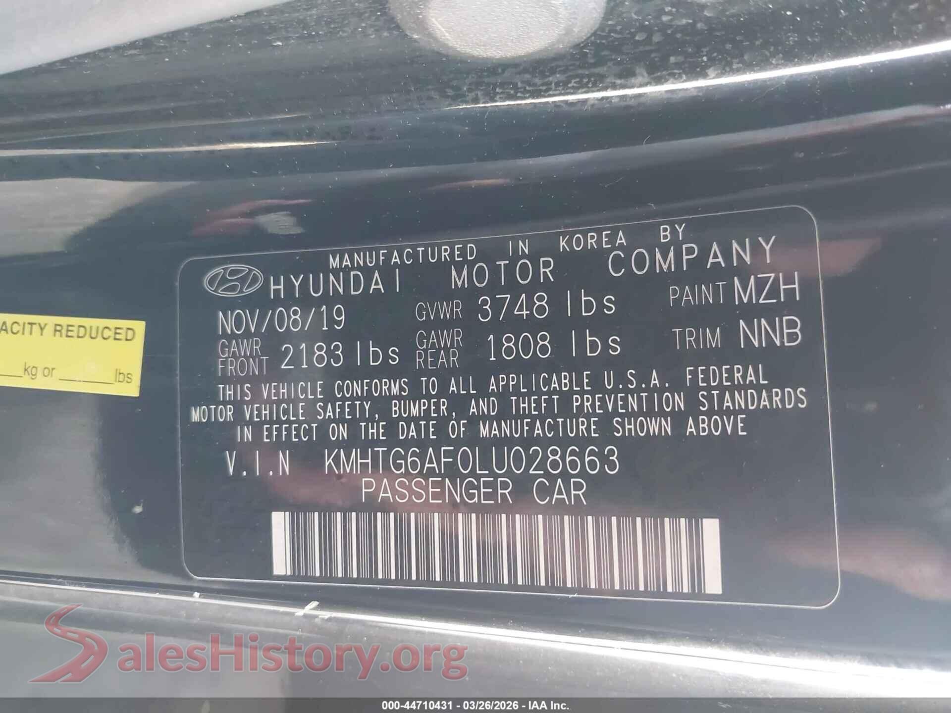 2020 HYUNDAI VELOSTER VIN KMHTG6AF0LU028663, engine bay