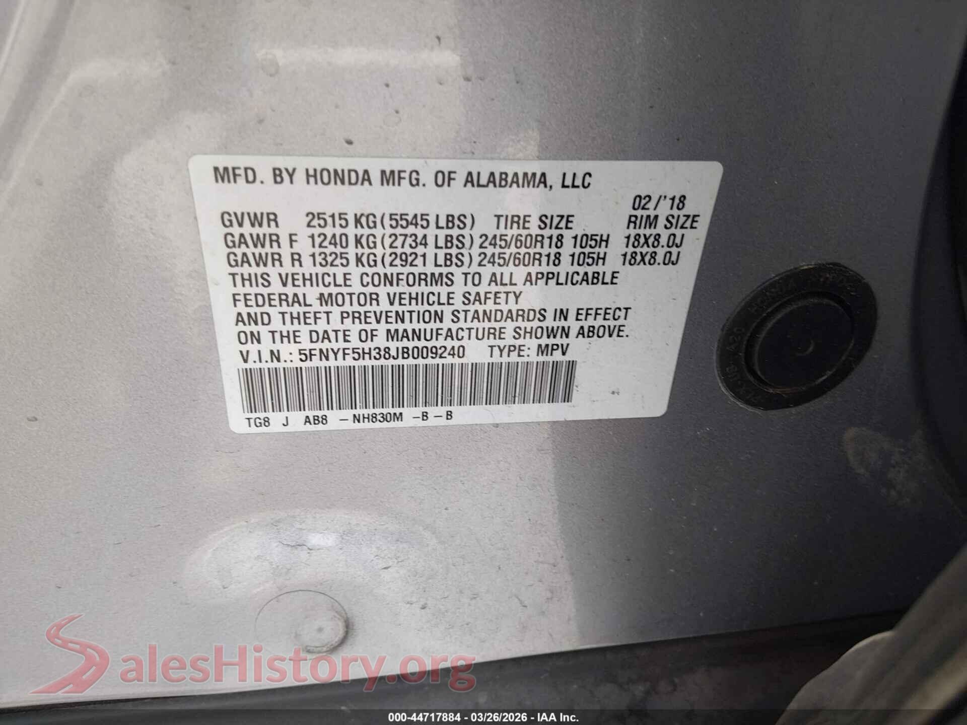 2018 HONDA PILOT VIN 5FNYF5H38JB009240, engine bay