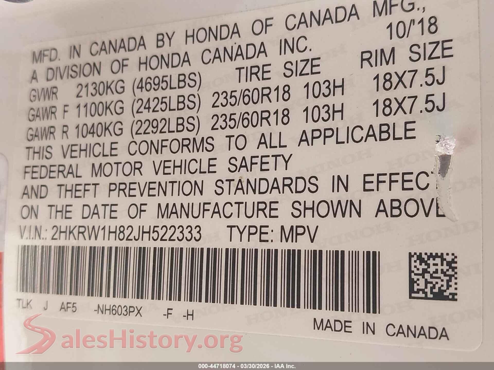 2018 HONDA CR-V VIN 2HKRW1H82JH522333, engine bay