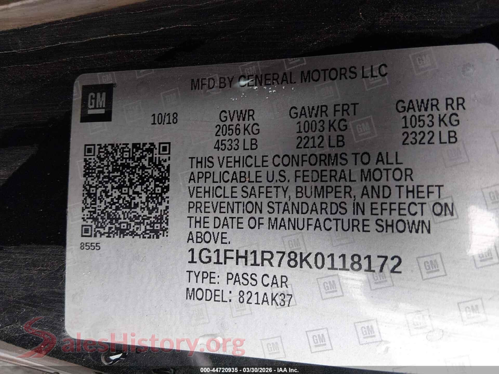 2019 CHEVROLET CAMARO VIN 1G1FH1R78K0118172, engine bay