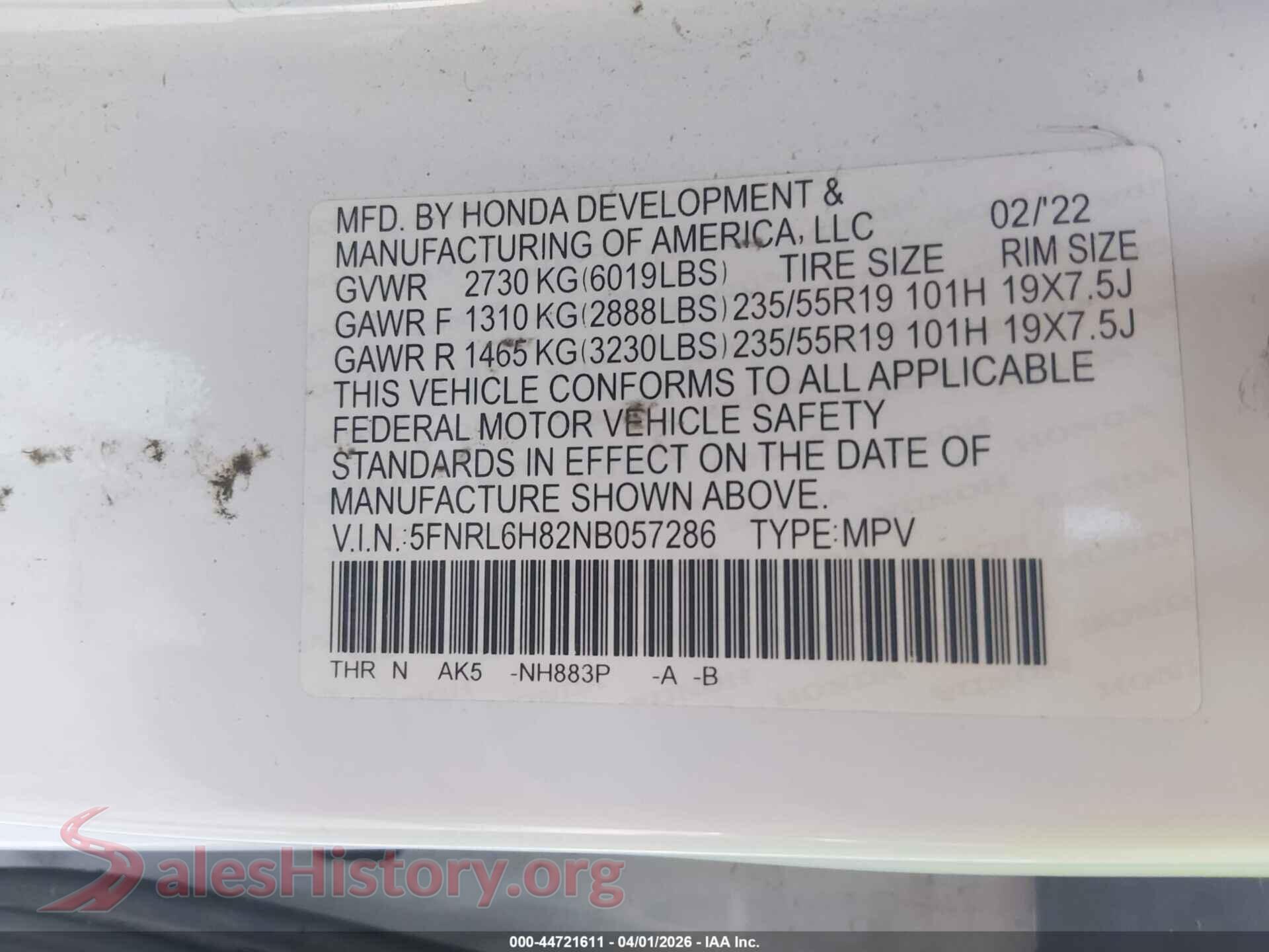 2022 HONDA ODYSSEY VIN 5FNRL6H82NB057286, engine bay