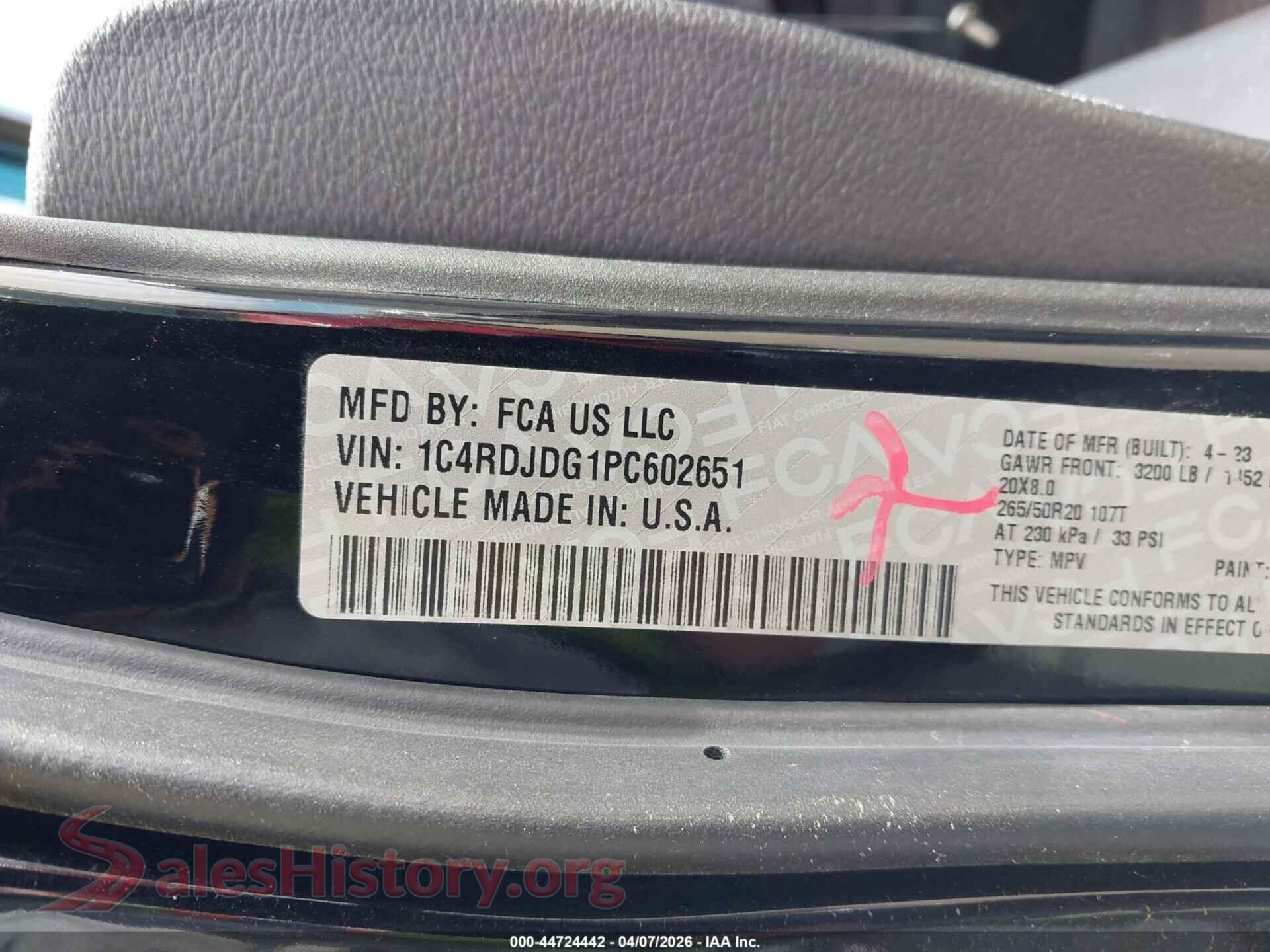 2023 DODGE DURANGO VIN 1C4RDJDG1PC602651, engine bay