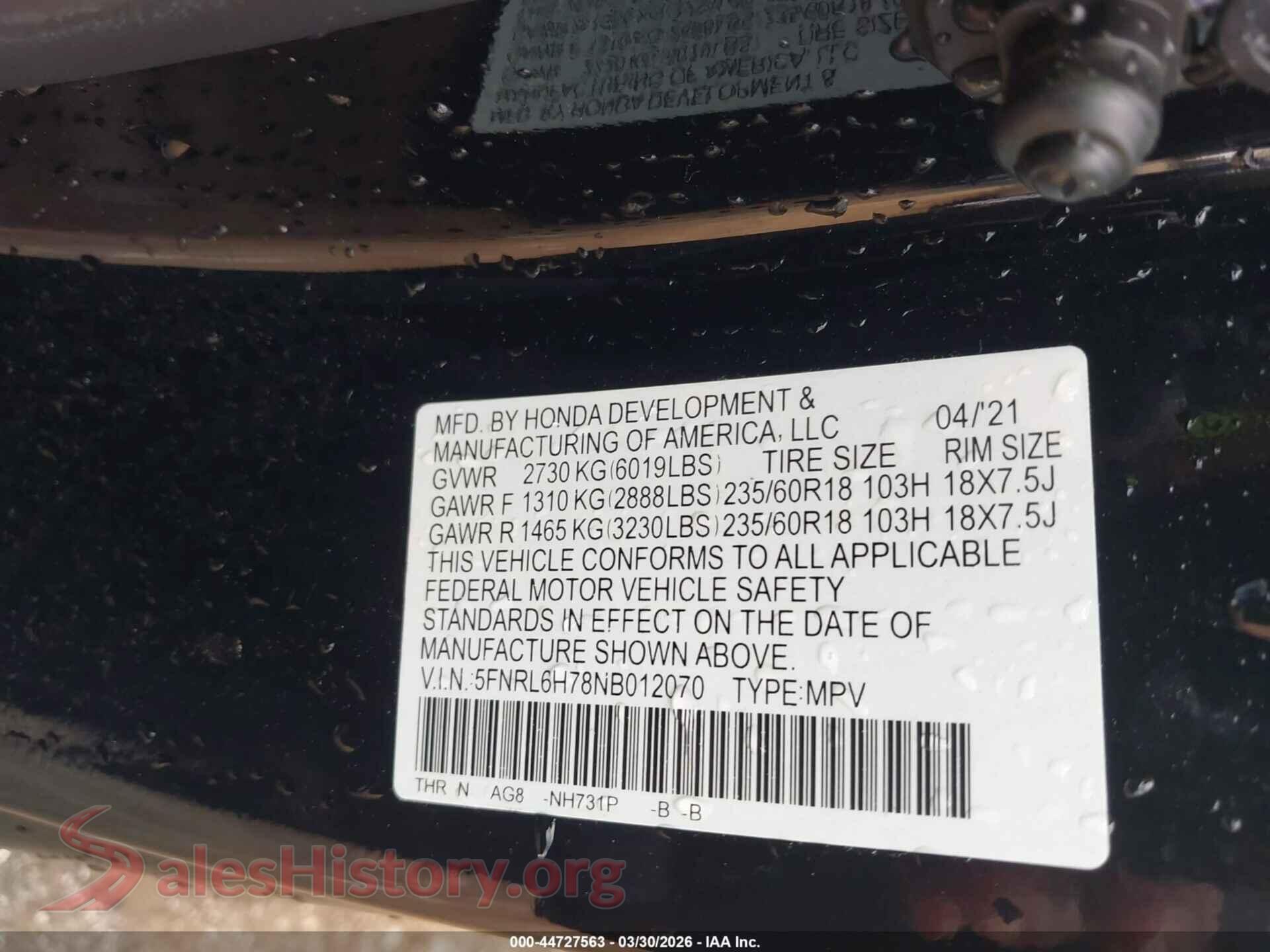 2022 HONDA ODYSSEY VIN 5FNRL6H78NB012070, engine bay