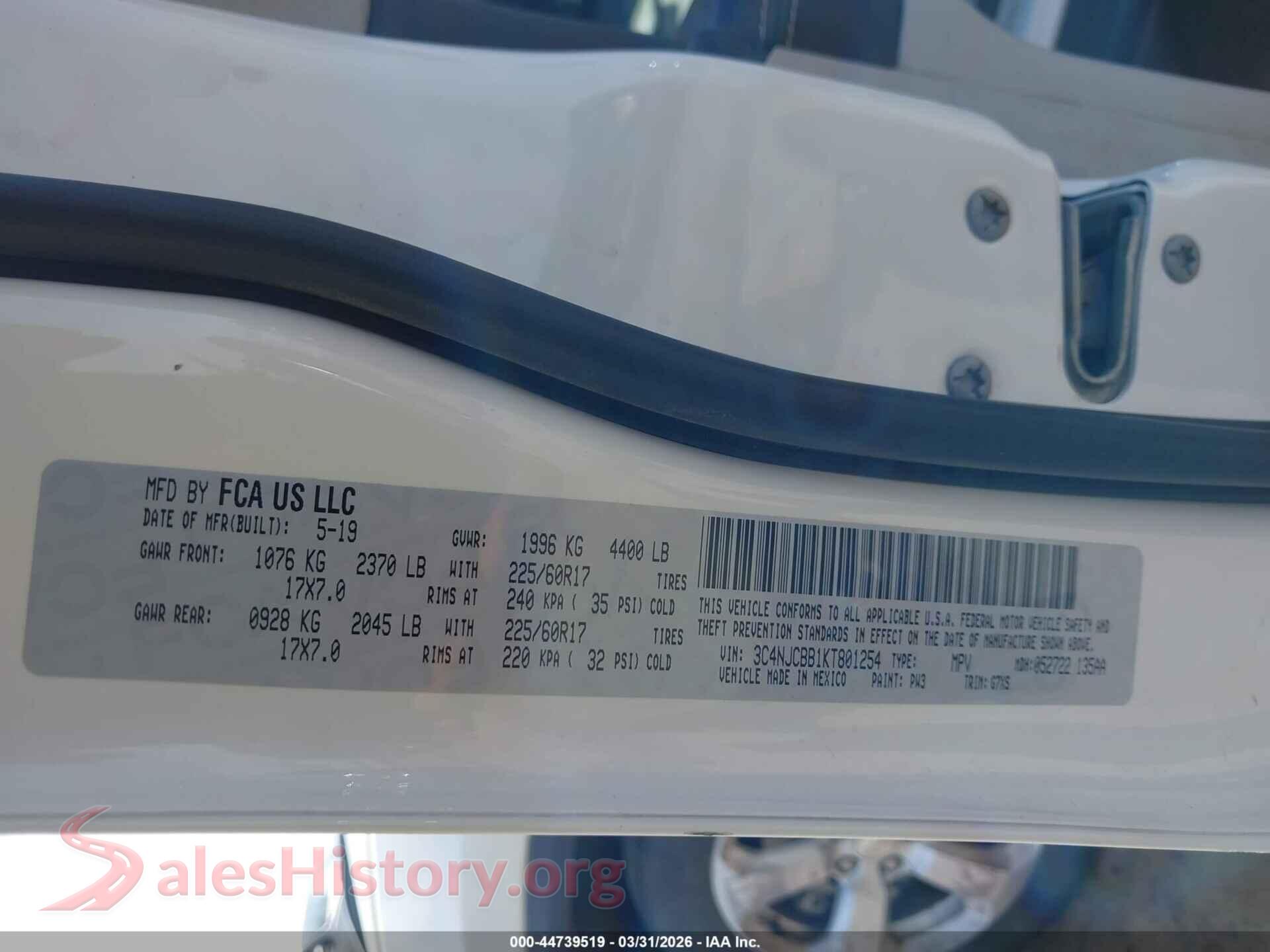 2019 JEEP COMPASS VIN 3C4NJCBB1KT801254, engine bay