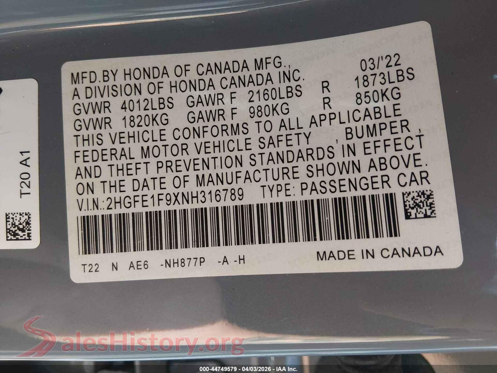 2022 HONDA CIVIC VIN 2HGFE1F9XNH316789, engine bay