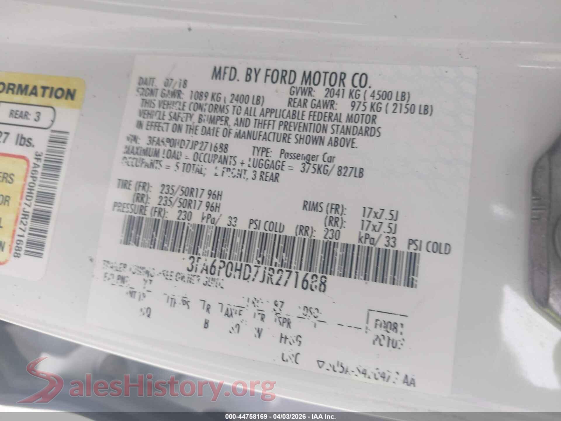 2018 FORD FUSION VIN 3FA6P0HD7JR271688, engine bay