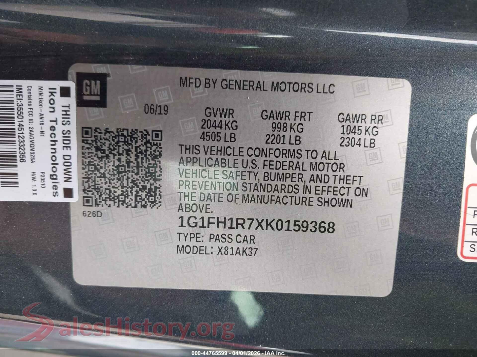 2019 CHEVROLET CAMARO VIN 1G1FH1R7XK0159368, engine bay