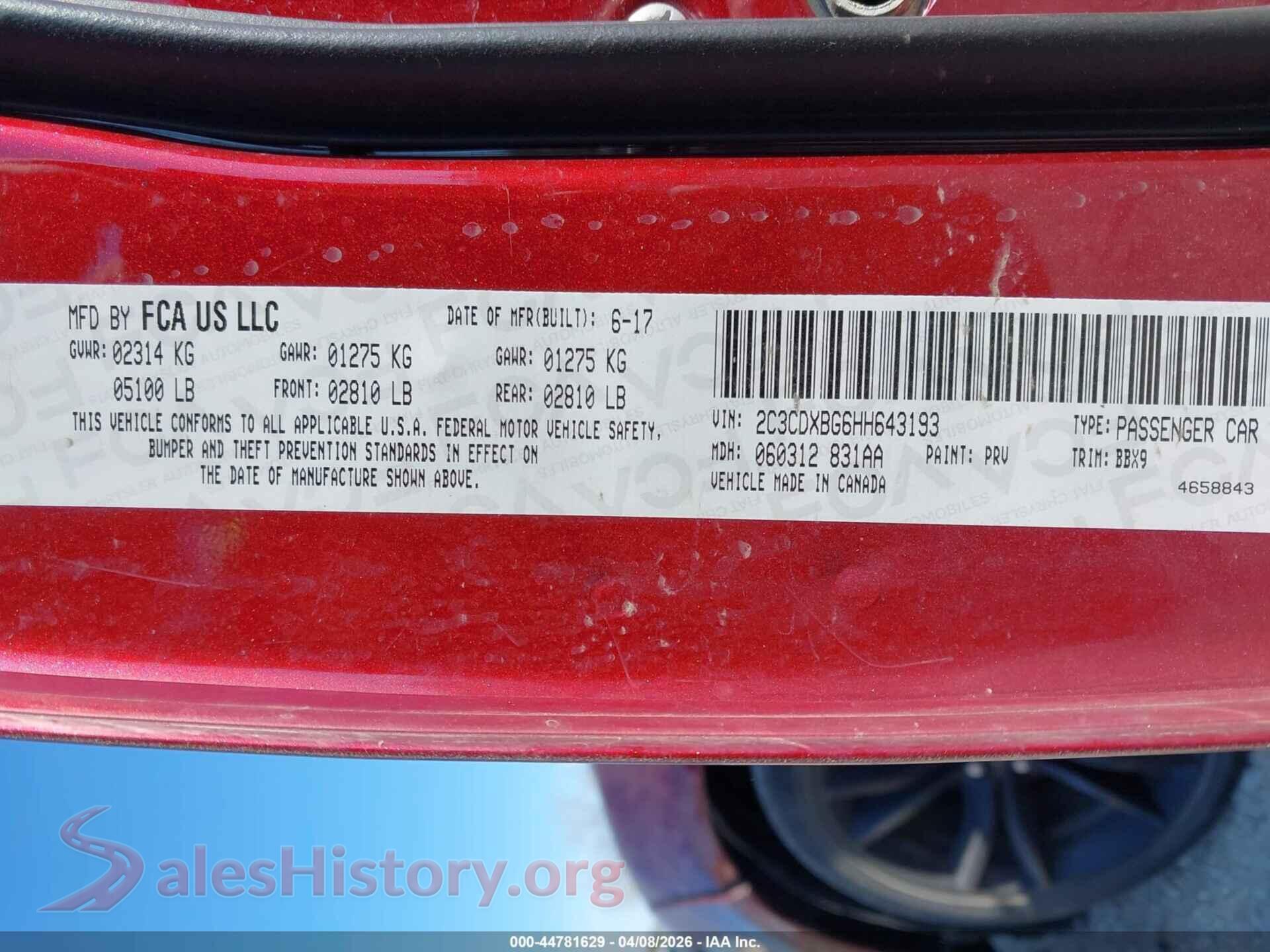 2017 DODGE CHARGER VIN 2C3CDXBG6HH643193, engine bay