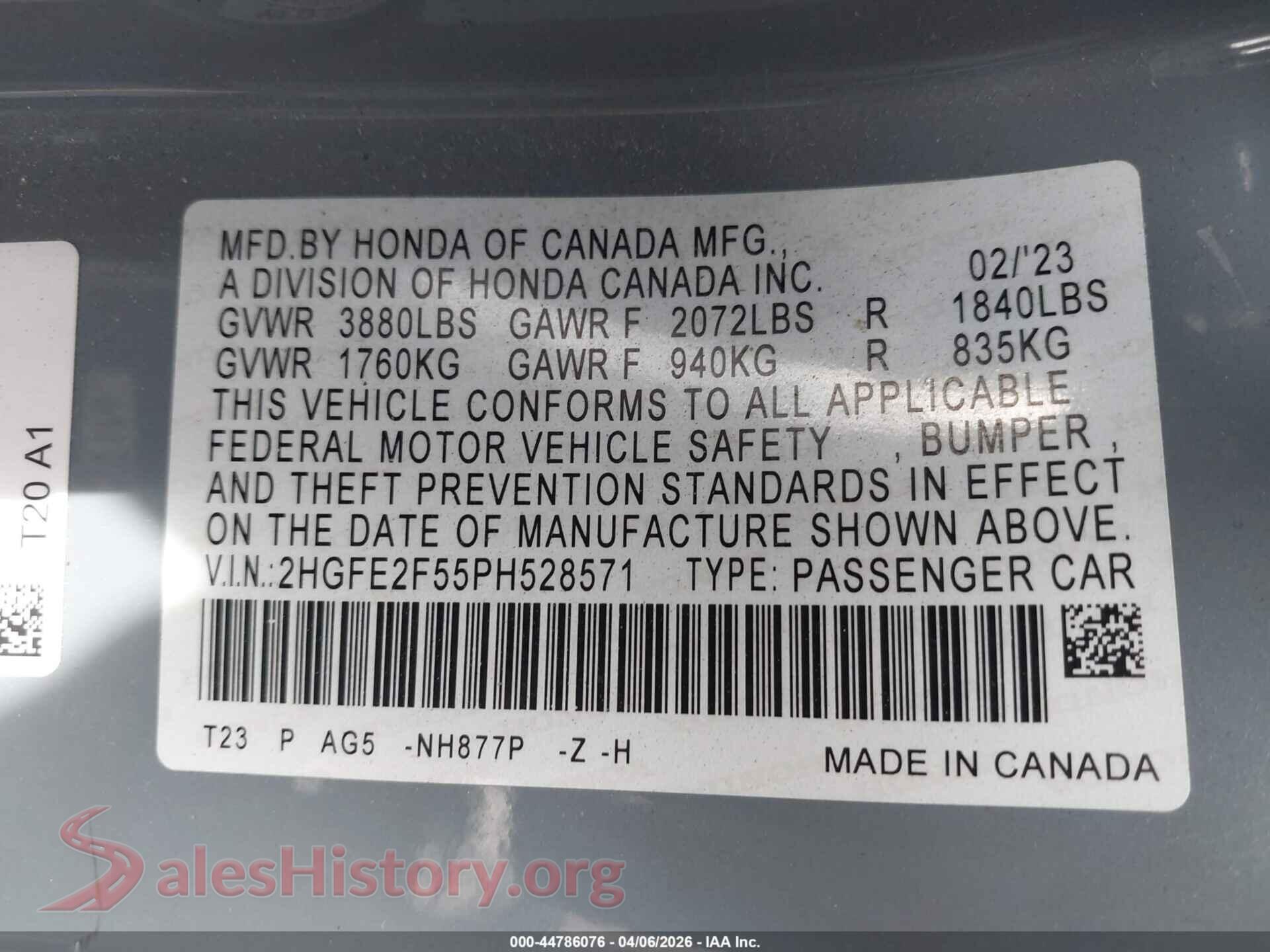 2023 HONDA CIVIC VIN 2HGFE2F55PH528571, engine bay