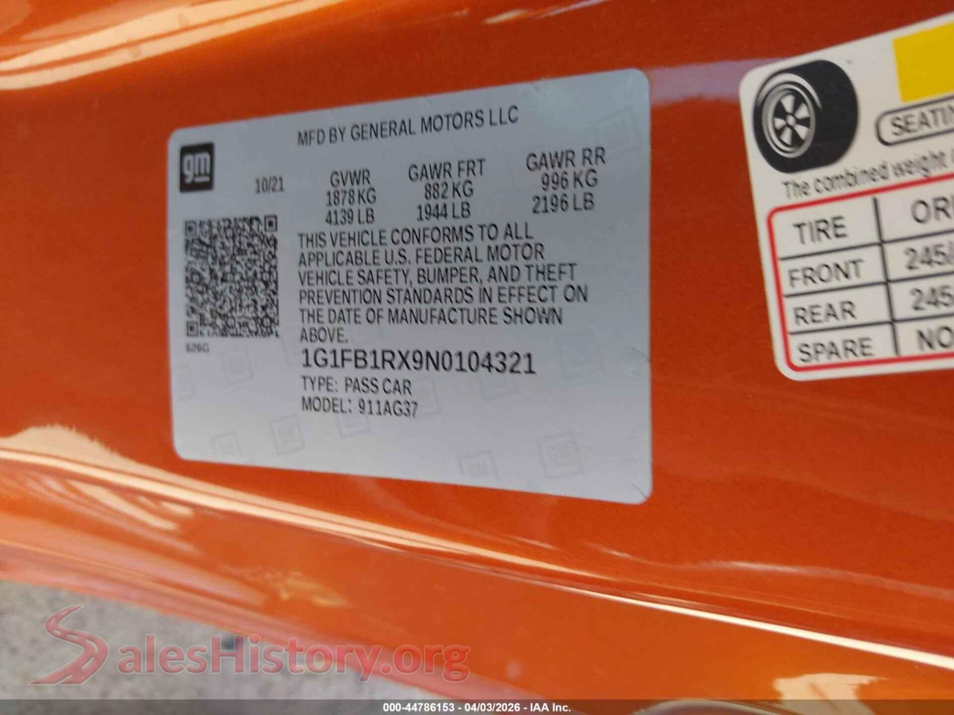 2022 CHEVROLET CAMARO VIN 1G1FB1RX9N0104321, engine bay
