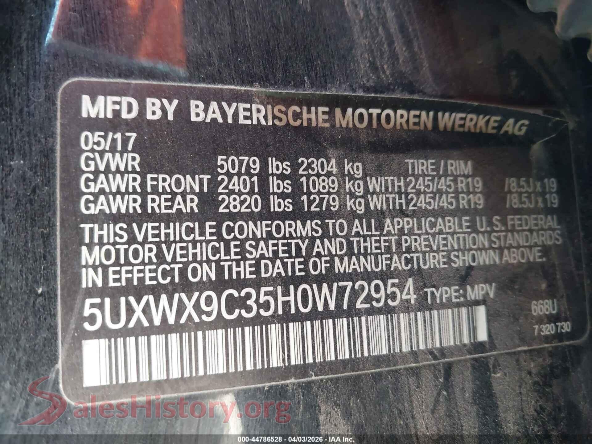 2017 BMW X3 VIN 5UXWX9C35H0W72954, engine bay