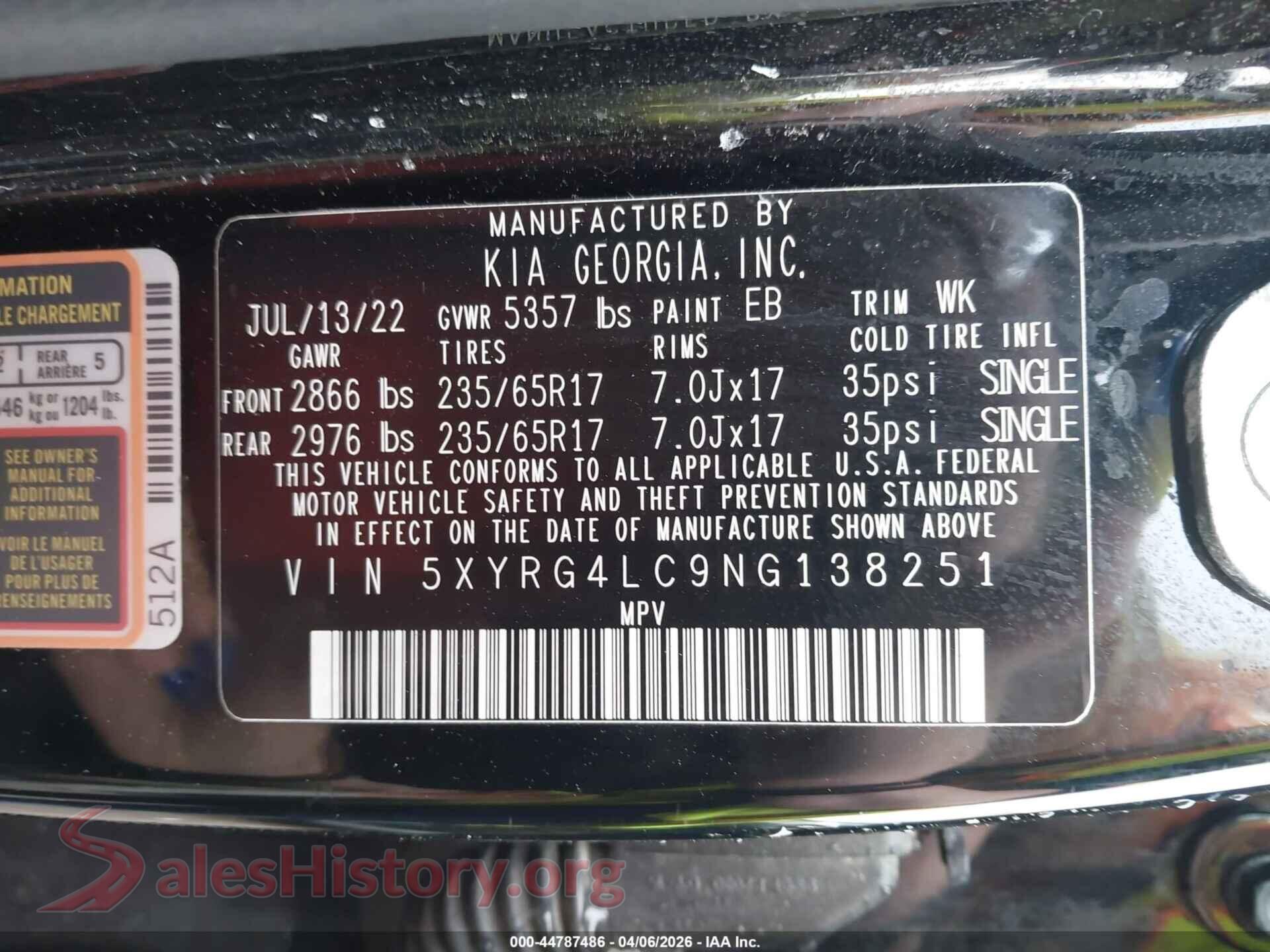 2022 KIA SORENTO VIN 5XYRG4LC9NG138251, engine bay