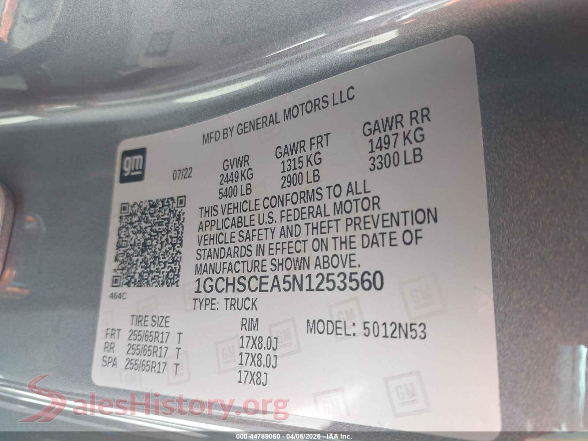 2022 CHEVROLET COLORADO VIN 1GCHSCEA5N1253560, engine bay