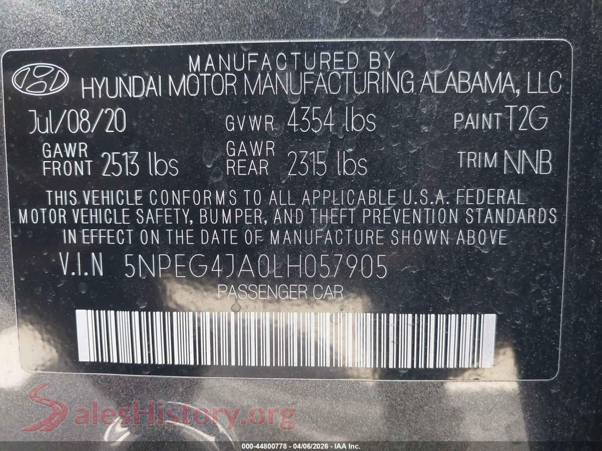 2020 HYUNDAI SONATA VIN 5NPEG4JA0LH057905, engine bay