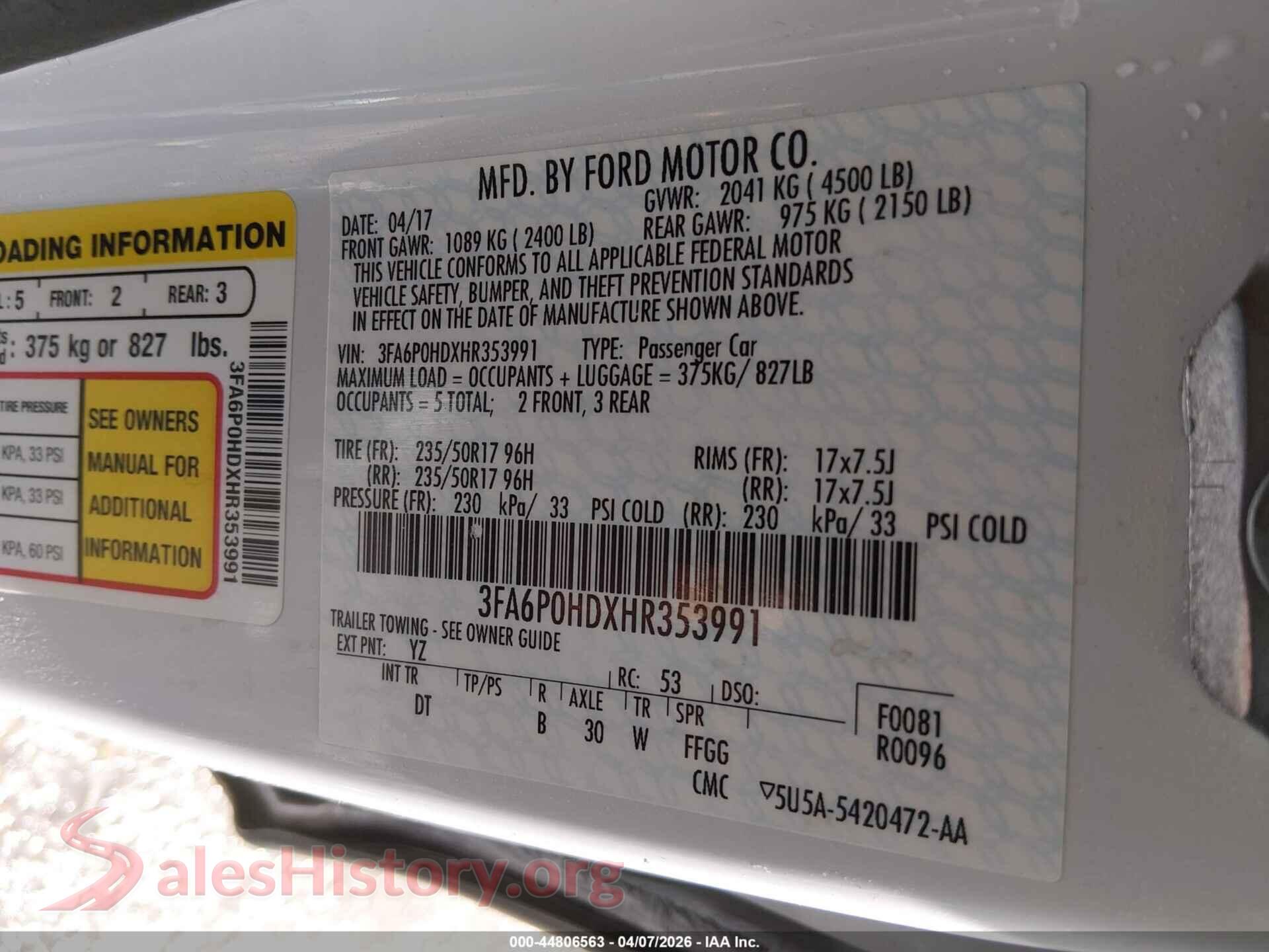 2017 FORD FUSION VIN 3FA6P0HDXHR353991, engine bay