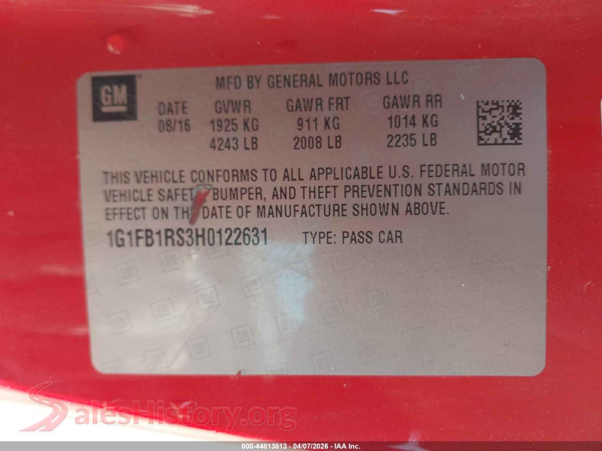 2017 CHEVROLET CAMARO VIN 1G1FB1RS3H0122631, engine bay