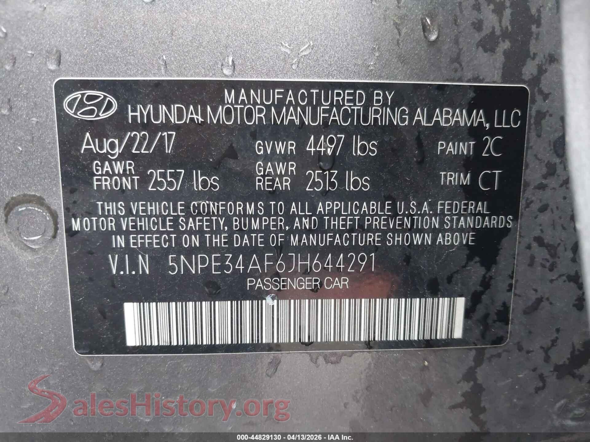 2018 HYUNDAI SONATA VIN 5NPE34AF6JH644291, engine bay