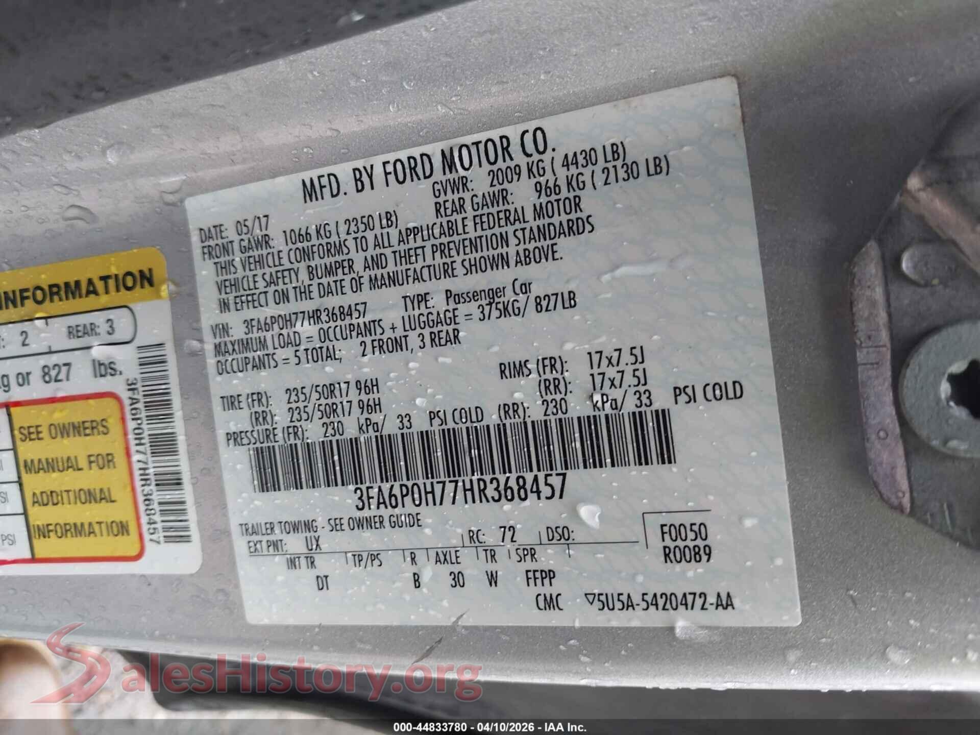 2017 FORD FUSION VIN 3FA6P0H77HR368457, engine bay