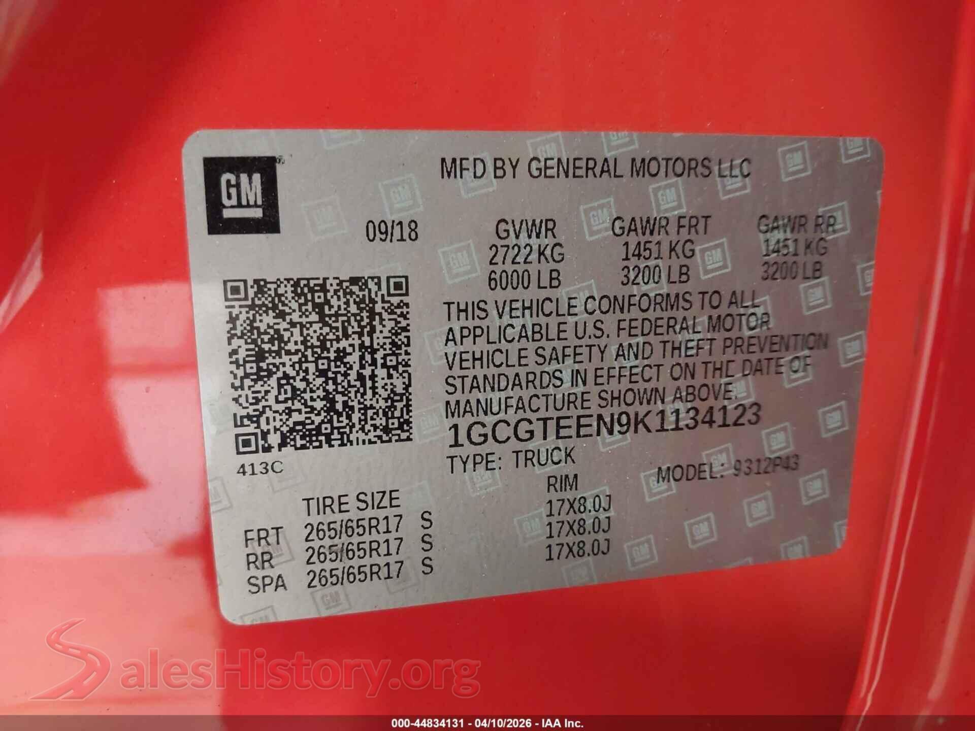 2019 CHEVROLET COLORADO VIN 1GCGTEEN9K1134123, engine bay
