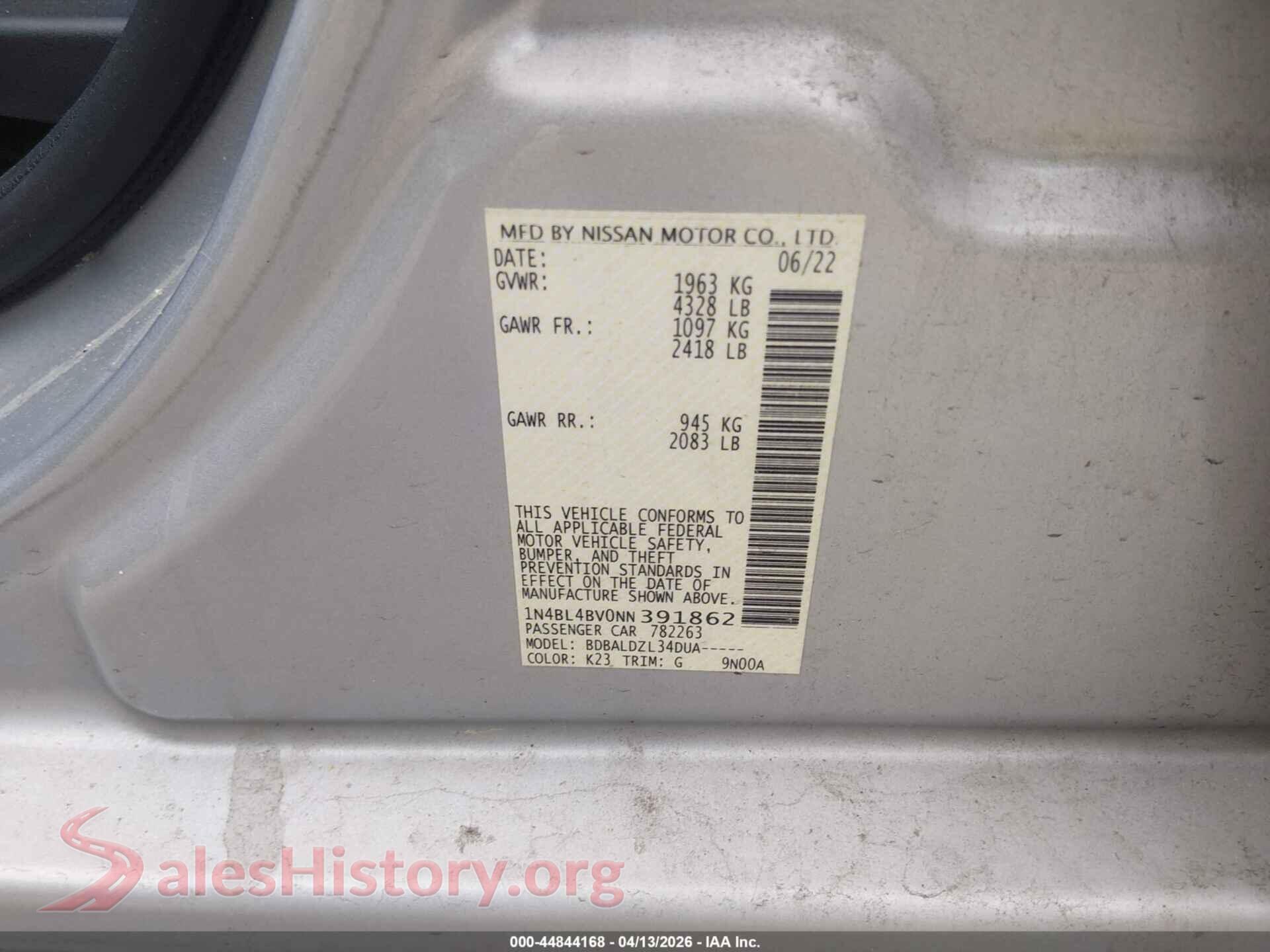 2022 NISSAN ALTIMA VIN 1N4BL4BV0NN391862, engine bay