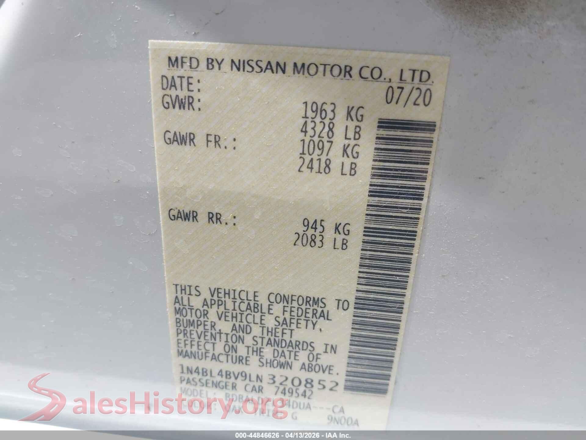 2020 NISSAN ALTIMA VIN 1N4BL4BV9LN320852, engine bay
