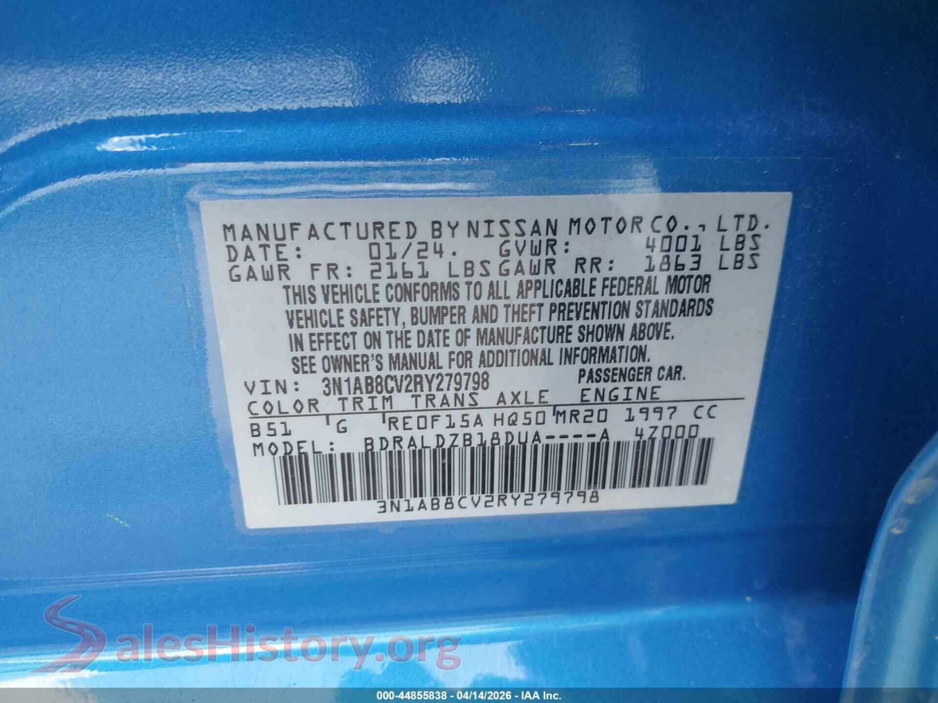 2024 NISSAN SENTRA VIN 3N1AB8CV2RY279798, engine bay