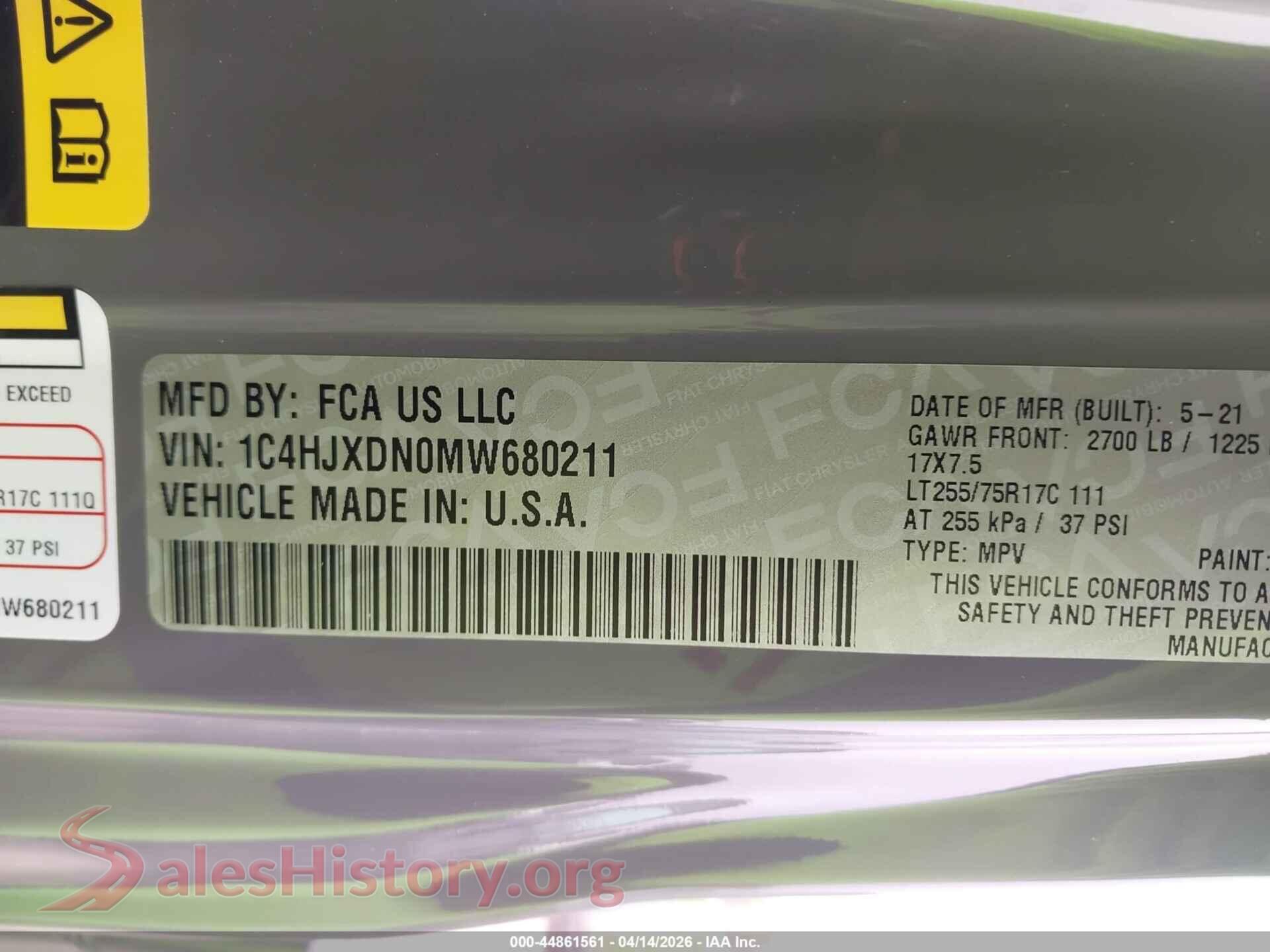 2021 JEEP WRANGLER UNLIMITED VIN 1C4HJXDN0MW680211, engine bay