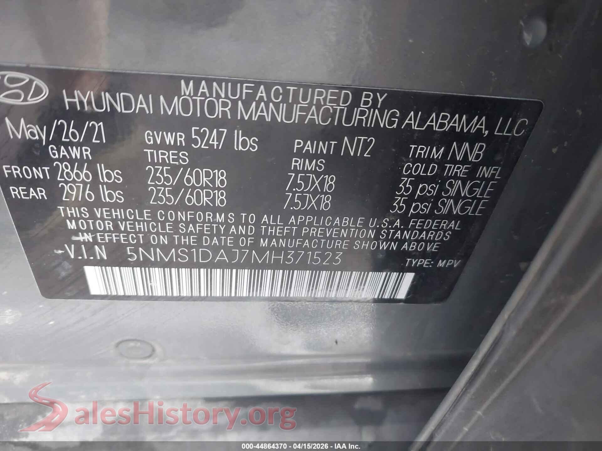2021 HYUNDAI SANTA FE VIN 5NMS1DAJ7MH371523, engine bay