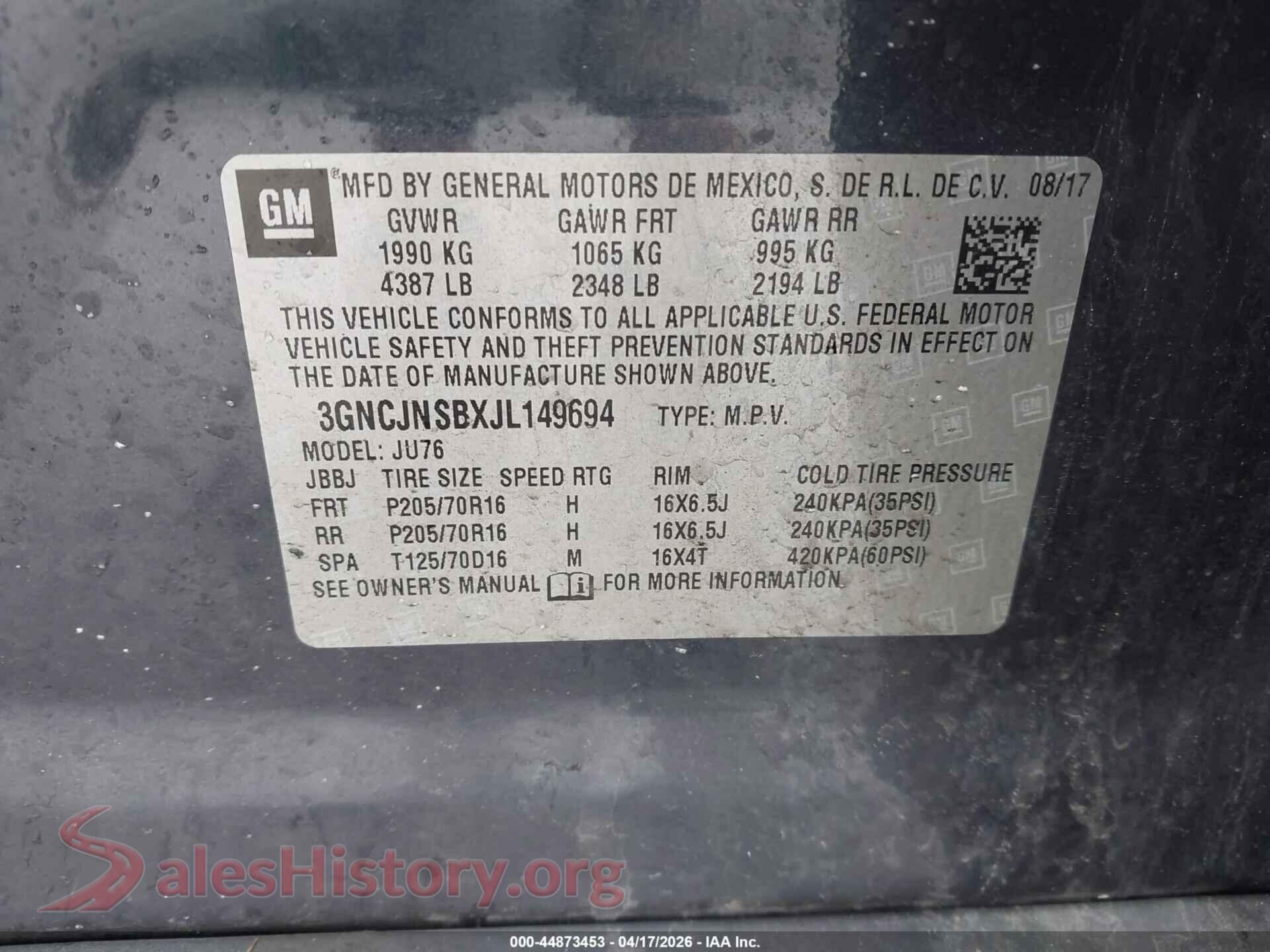 2018 CHEVROLET TRAX VIN 3GNCJNSBXJL149694, engine bay